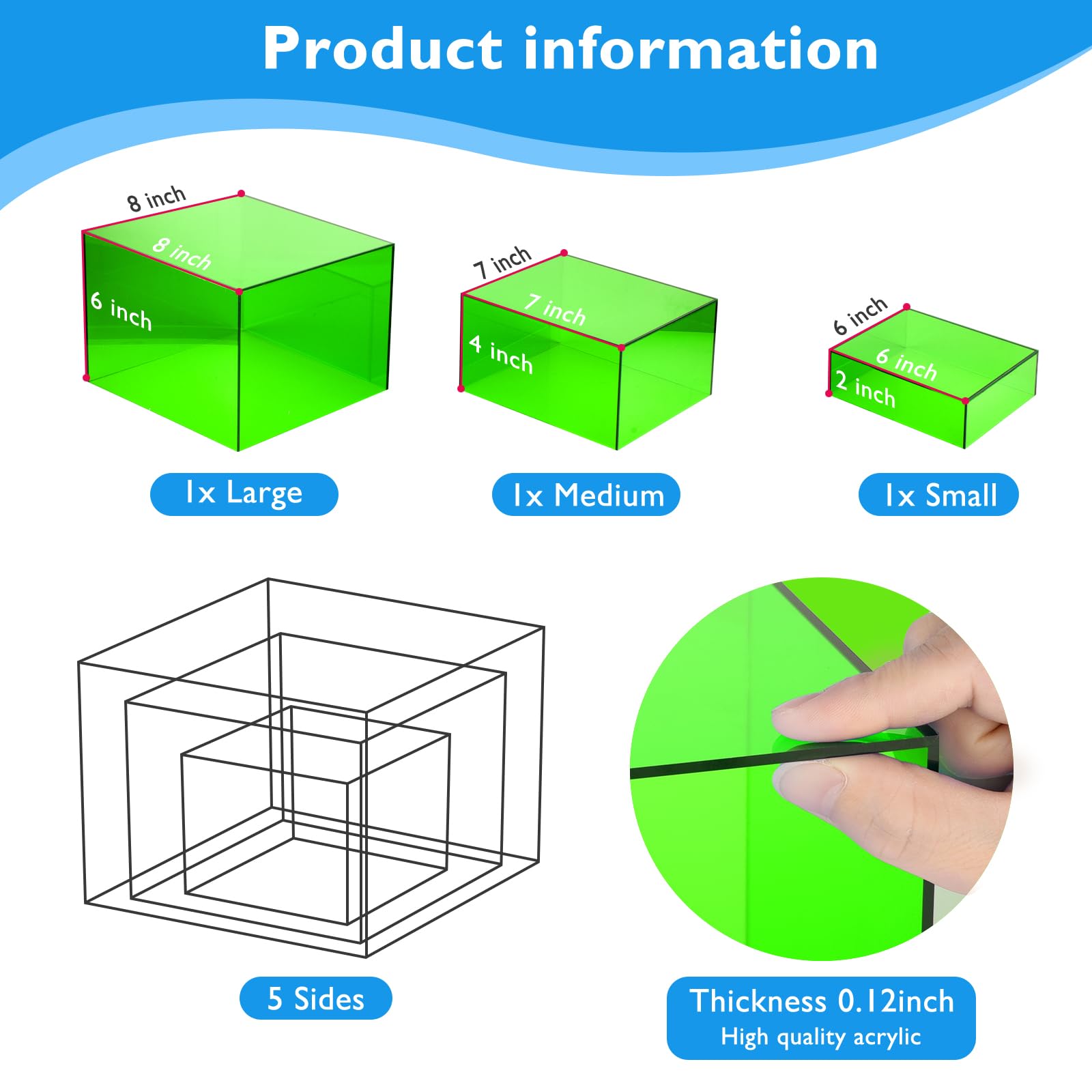 Elevadores de buffet verdes, 3 cajas de acrílico, elevadores de alimentos para mesa de buffet, elevador de exhibición para fiestas, bodas, catering, postres, coleccionables, figuras (6 x 7 x