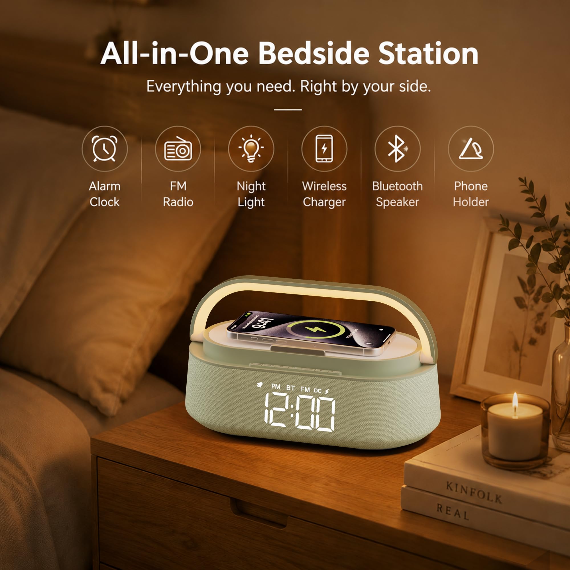 FREEFISH Sveglia con altoparlante Bluetooth con caricabatterie wireless veloce da 15 W, radio FM, luce notturna a LED, orologio di ricarica wireless per camere da letto, ufficio, casa, regali