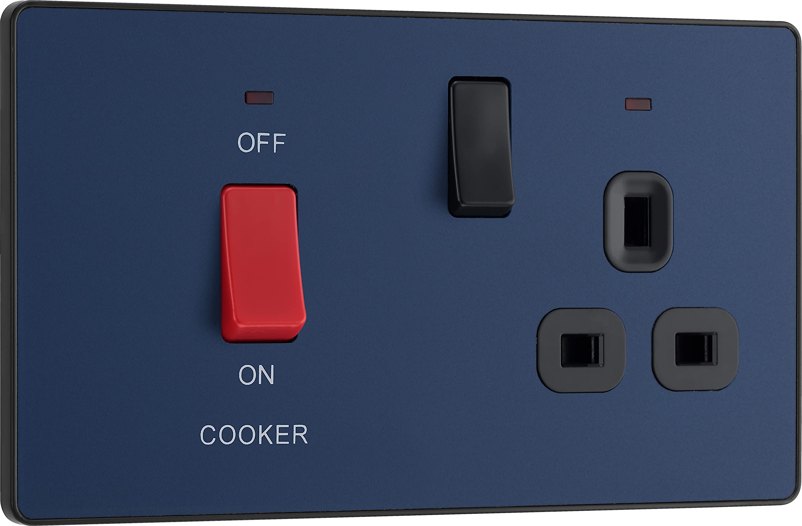British General Matt Blue Bg Electrical Cooker Switch With Socket And Led, Cooker Control Unit, Control Socket, Double Pole, Screwless Front Plate, Evolve, 45A, Pcddb70b