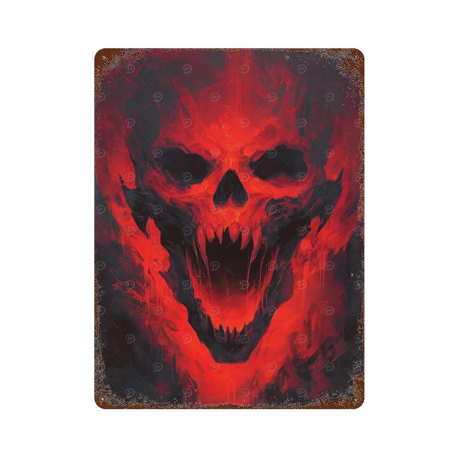 Garage Style Red Demon Skull Rustic Tin Plaque 15.7"x11.8", Classic Wall Plaque for Bar And Workshop