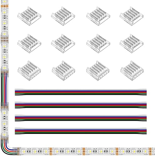 SEZO Kit de conectores de tira de luz LED RGBW 5050 de 5 pines de 0.47 pulgadas de ancho, 8 conectores transparentes sin cable a tira + 4 conectores