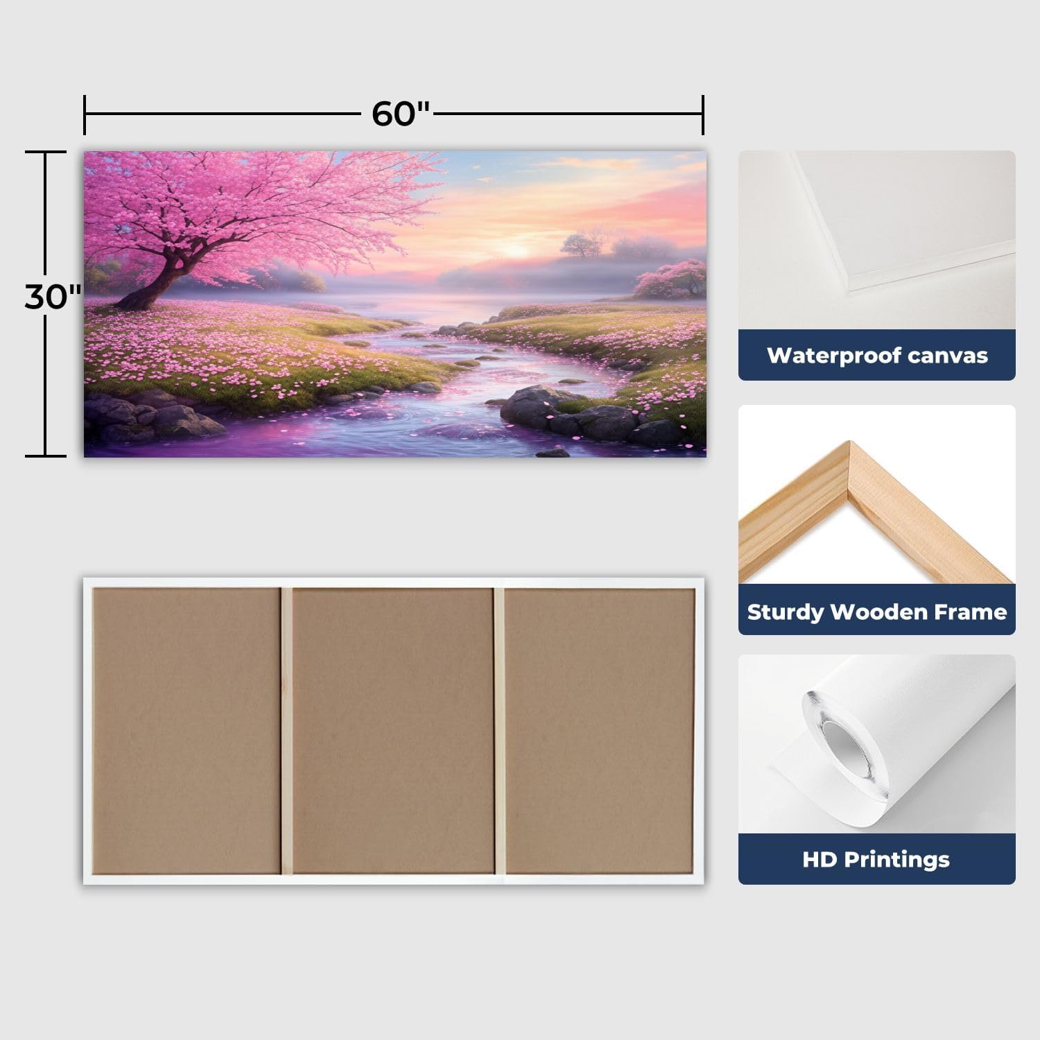 30"x 60" Canvas Wall Art Cherry Blossom Spring Landscape Pink Trees Flowing Stream Soft Sunrise Framed Pictures Painting Prints Large Wall Art for Living Room Bedroom Abstract Home Wall Decor Artwork