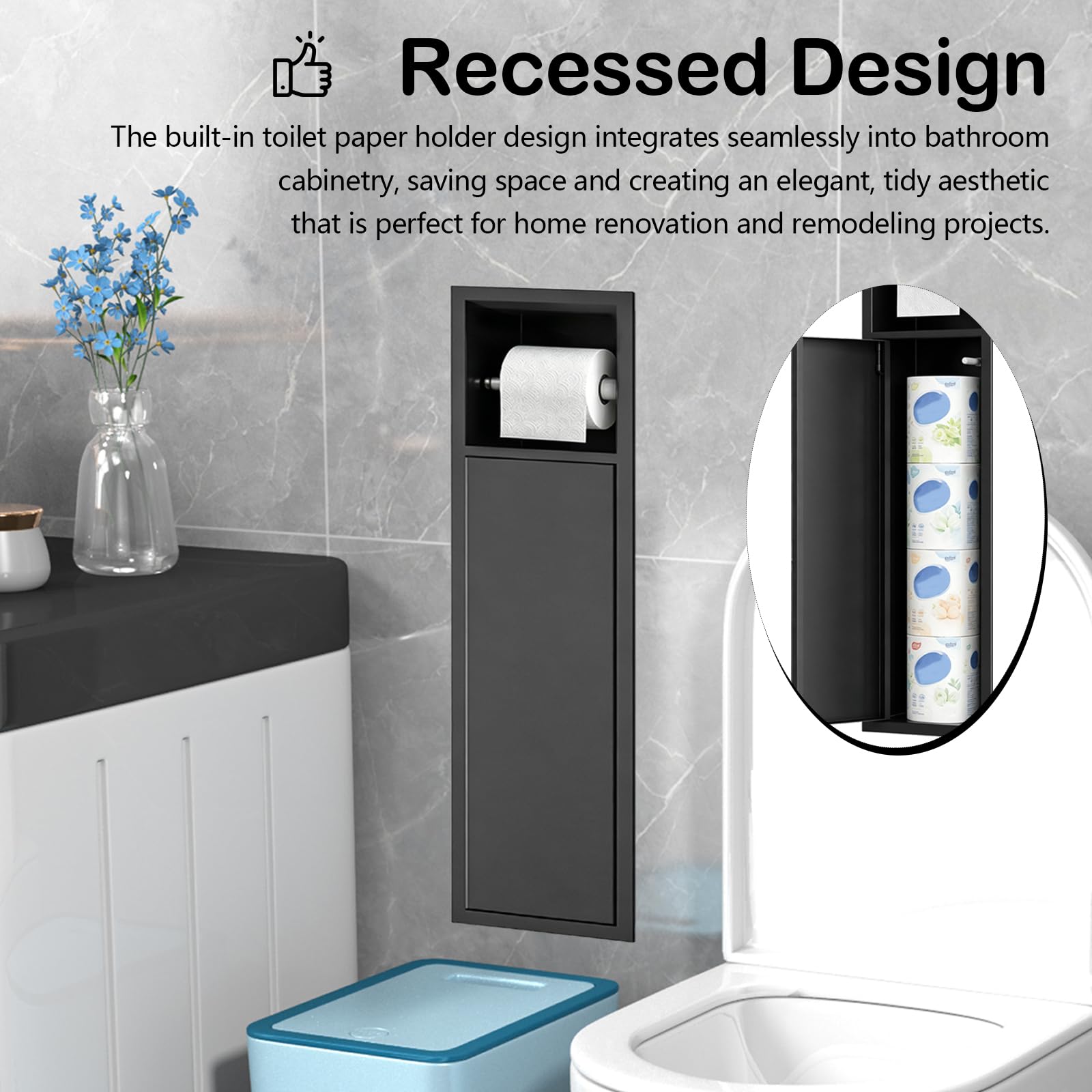 Portarrollos De Papel HigiéNico Empotrado, Unidad Almacenamiento De Papel HigiéNico De Acero Inoxidable Negro con Puerta Corredera Portarrollos con Juego De Escobilla Accesorios De BañO 66x18x15 Cm