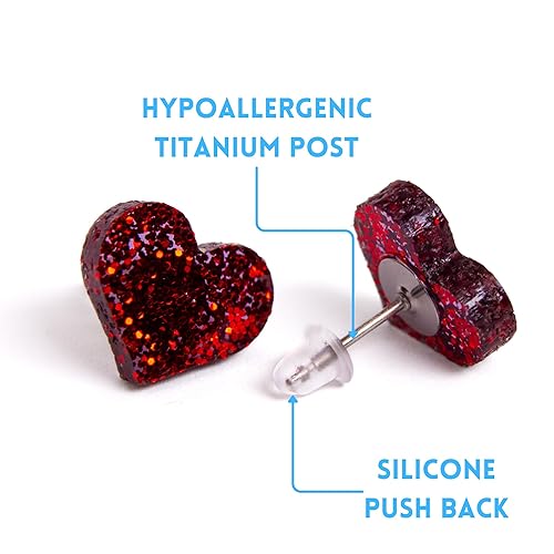 Miniatura 3 de Glittery Red Heart Earrings, Handmade Studs, Hypoallergenic Titanium Posts for Sensitive Ears, Perfect Valentine's Day Girlfriend Gift, Sparkly