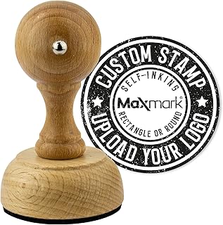 MaxMark Personalized Business Custom Round Wood Hand Logo or Text Stamp - Choose from 15 Ink Colors.