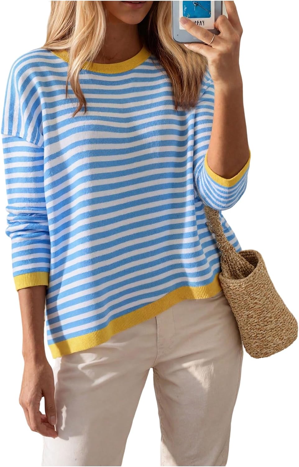 SweatyRocks Women's Oversized Striped Sweaters Crew Neck Long Sleeve Contrast Binding Knit Pullovers