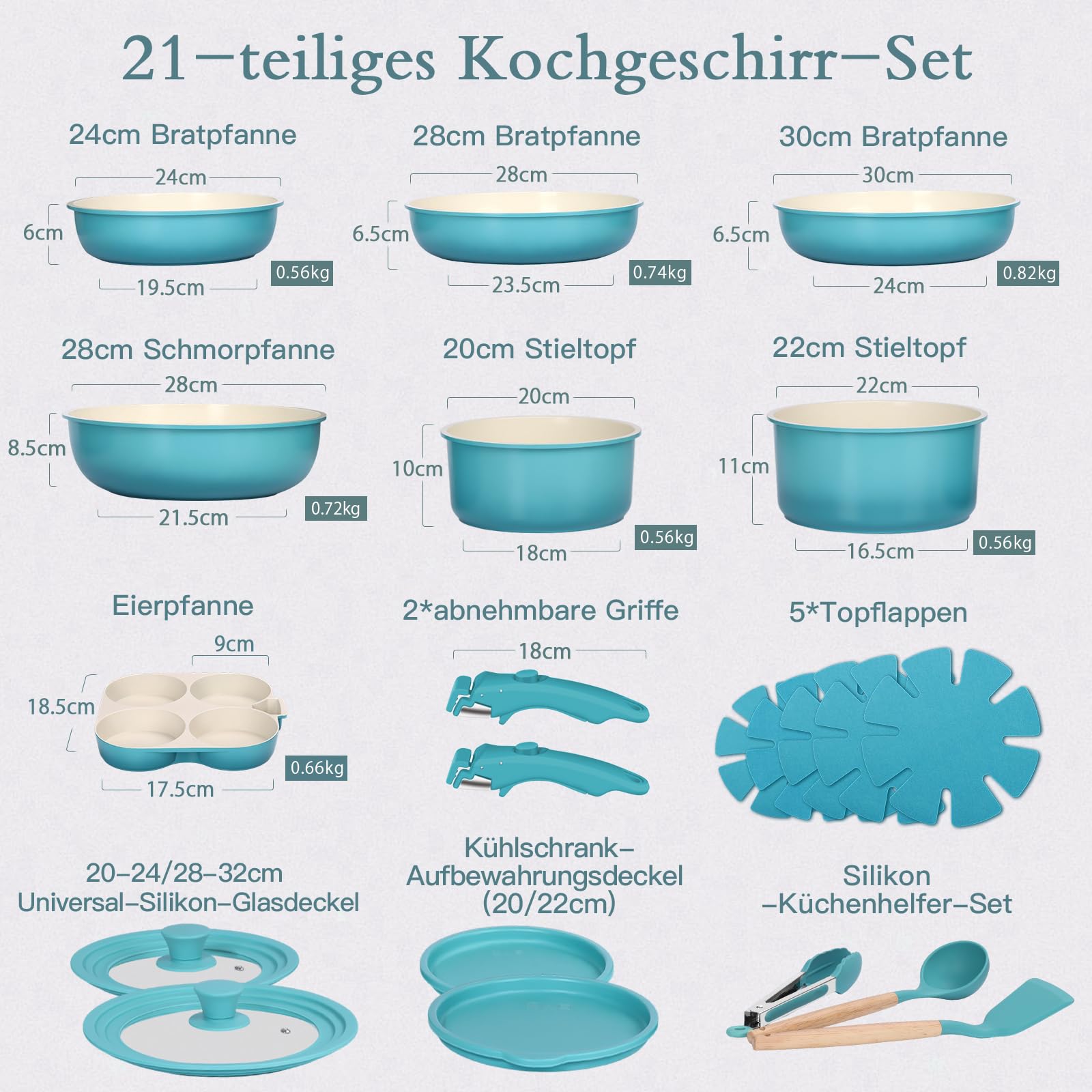 GiPP 21-Teiliges plus Pfannen Set Topfset mit Abnehmbarer Griff, Pfanne Set mit Antihaft Beschichtet, Stapelbar Kochtopf Set, Mobiles Kochgeschirr für Alle Herdarten Ofenfest (Blauverlauf)