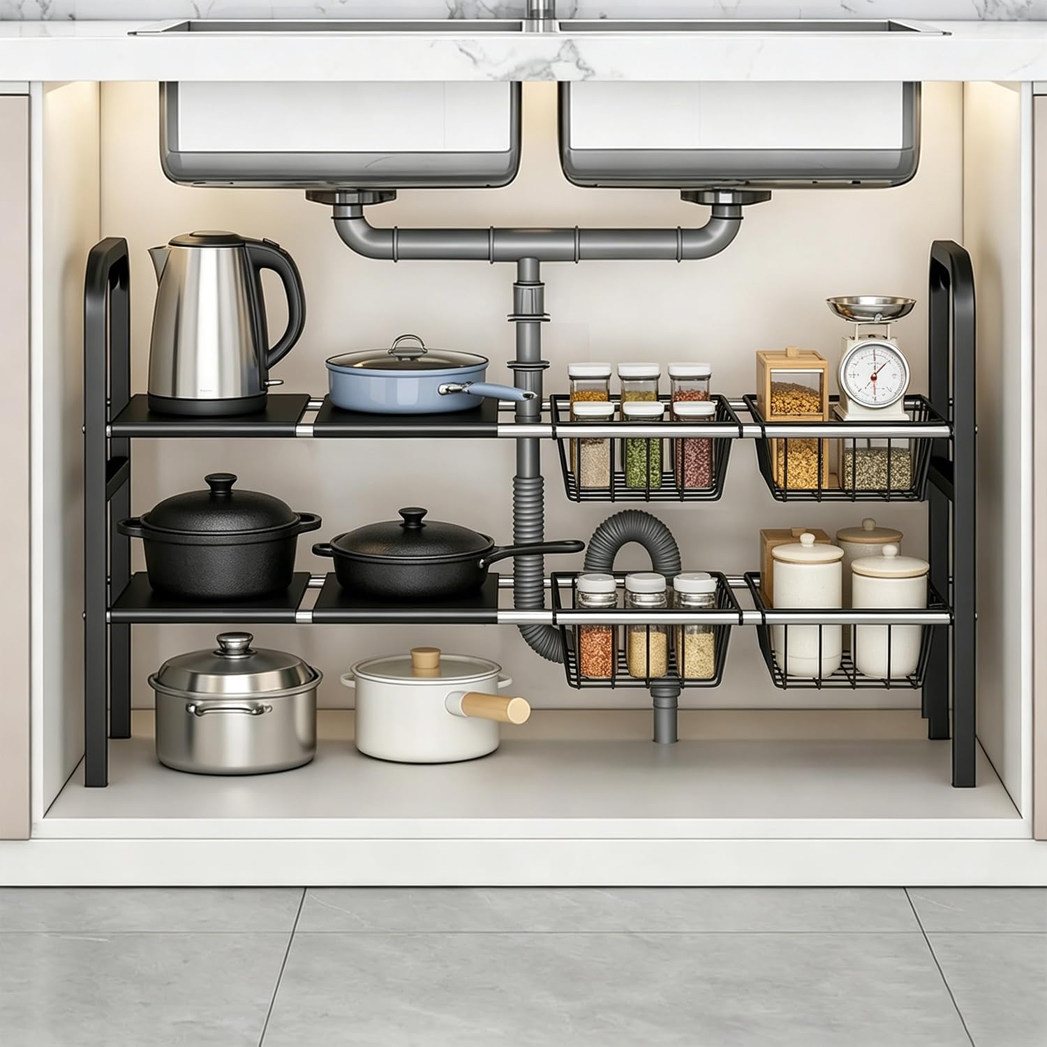 Organiseur sous évier gain de place devesanter 4 paniers amovibles pour meuble de cuisine noir