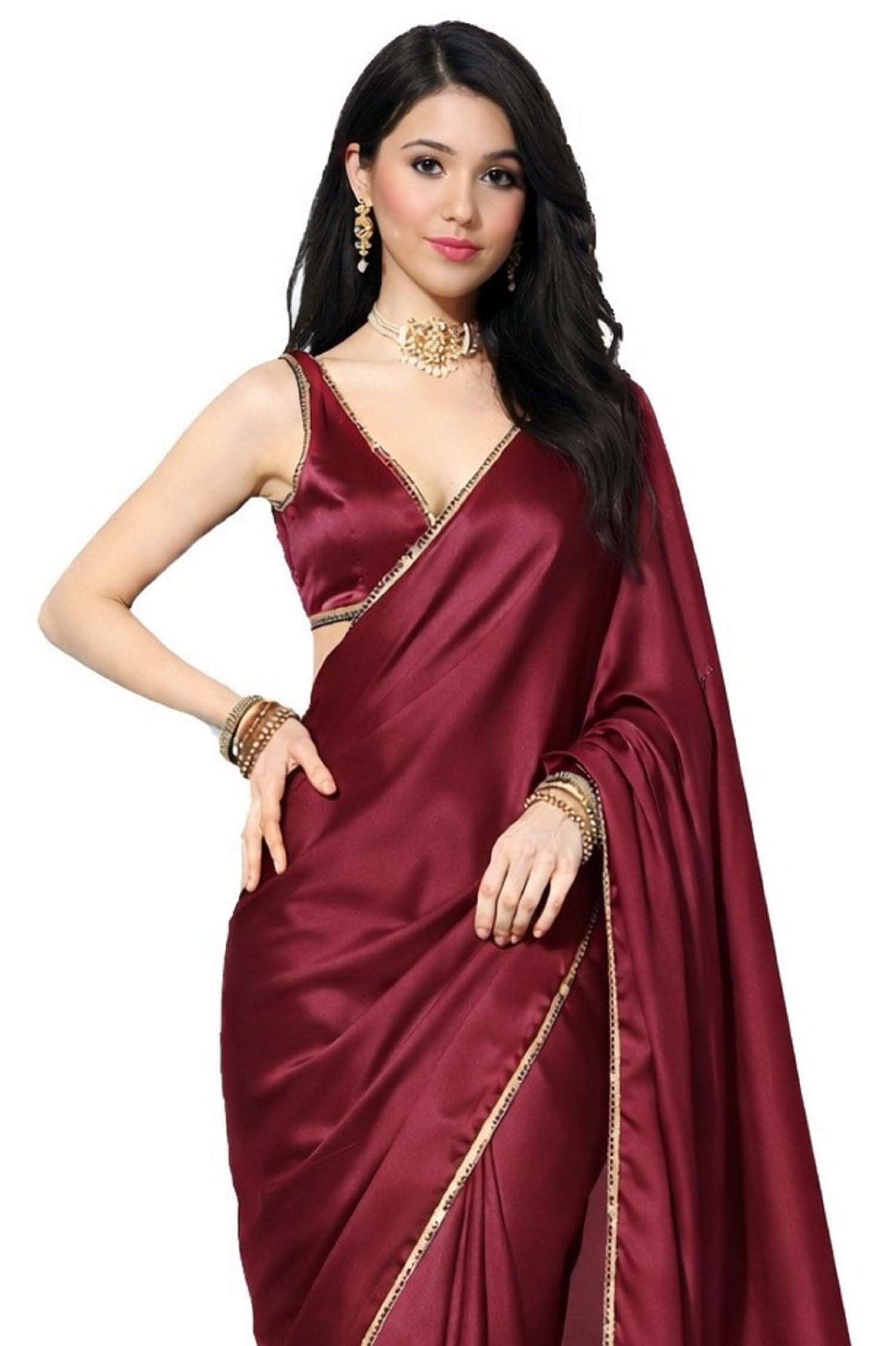 Ready To Wear Saree For Women Maroon Satin Silk One Minute Readymade Stitched Mirror Lace With Unstitched Blouse-image-20
