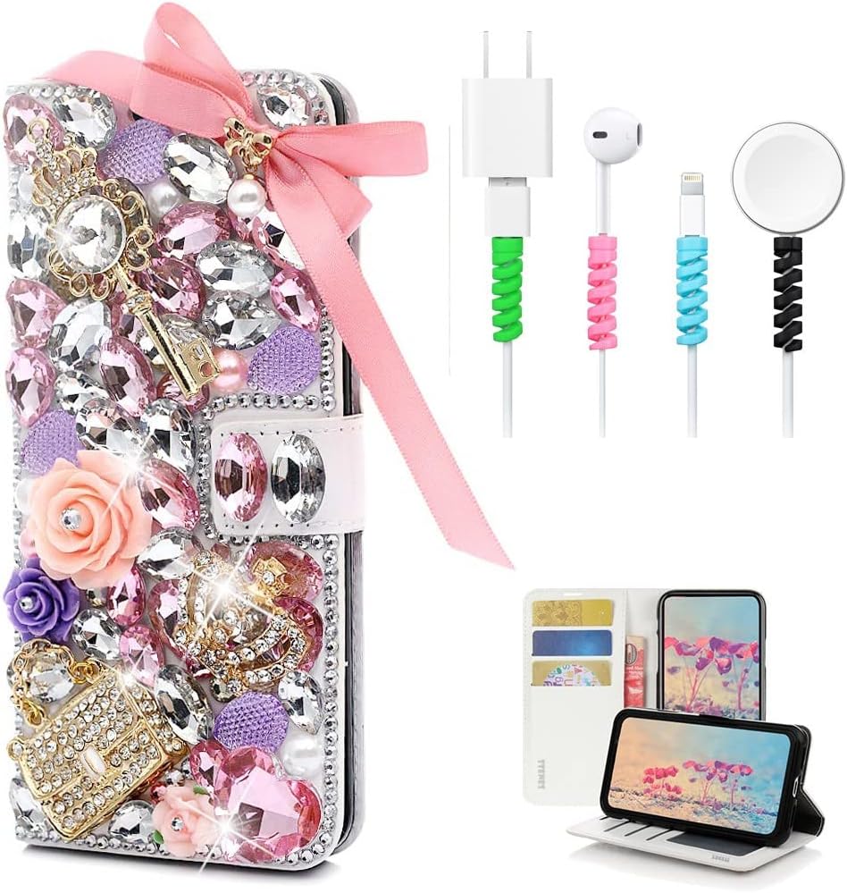STENES Bling Wallet Phone Case Compatible with iPhone 14 Pro Max Case - Stylish - 3D Handmade Crystal Elephant Butterfly Flower Magnetic Leather Cover with Cable Protector [4 Pack] - Pink