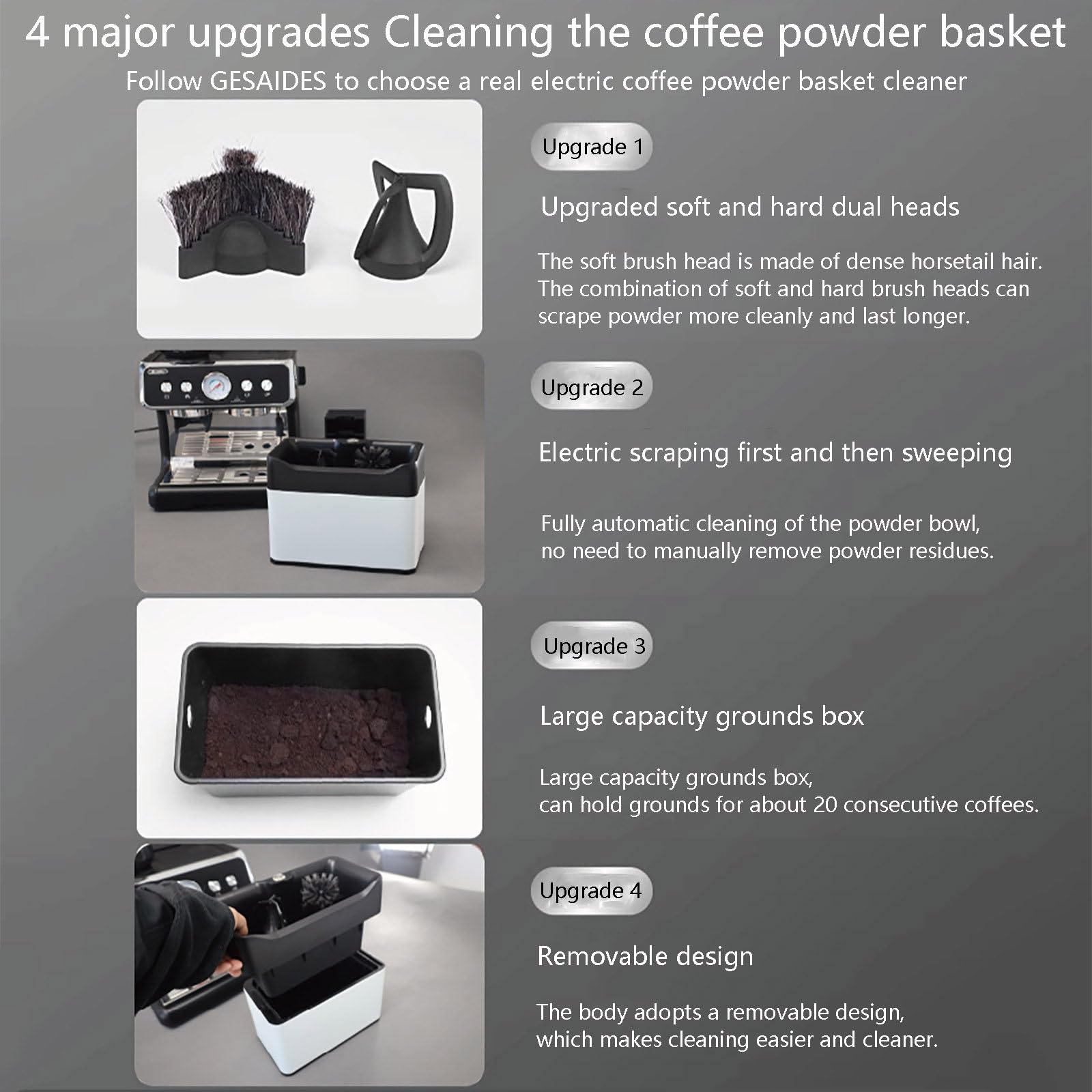 Pulitore Elettrico per Portafiltro - Macchina Automatica per la Pulizia dei Fondi di caffè - Scatola di Raccolta per caffè Espresso - Aspiratore per caffè Espresso,Silver