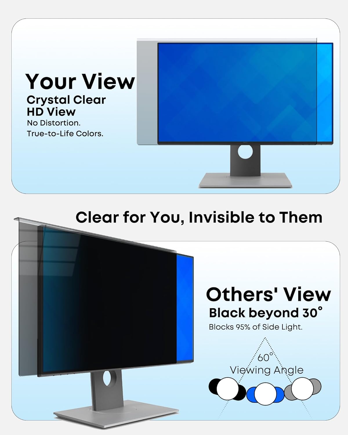 Hanging Privacy Screen Protector for Monitor (Fits 23-24 Inch Frameless), 30°+ Full Privacy & 95% Light Blocking, Instant Setup, 87% Blue Light & 97% UV Block, Office Data Security & Eye Protection 24"-16:9 (21.54"L x 12.60"W)
