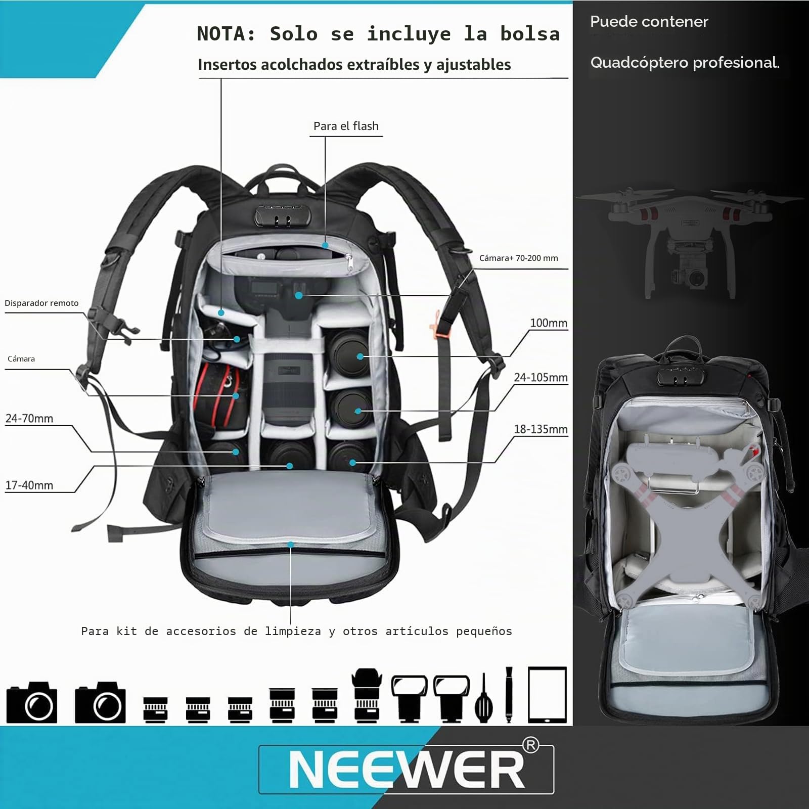 Neewer Pro Mochila de Cámara Impermeable a Prueba de Golpes Ajustable Acolchado Bolsa con Bloqueo de Combinación Antirrobo
