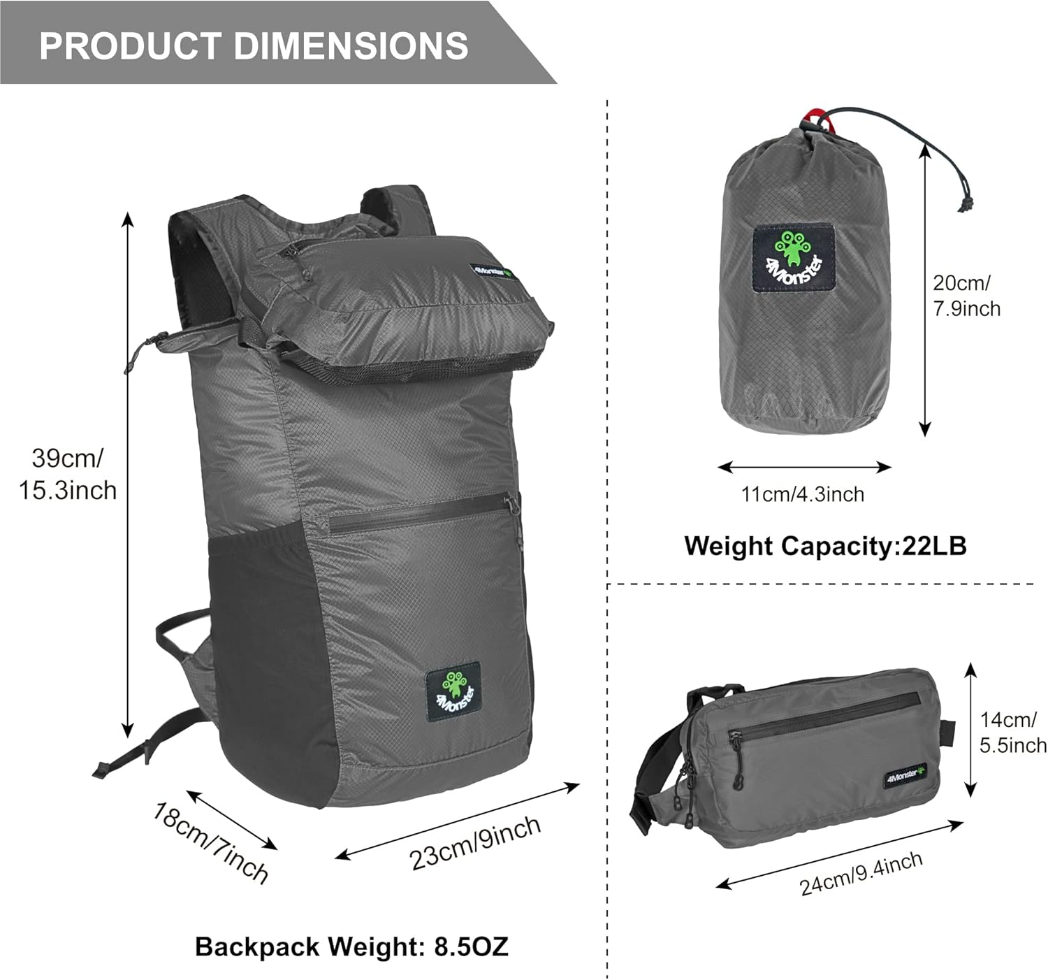 4Monster Hiking Daypack,2 in 1 Water Resistant Lightweight Backpack,Portable Fanny Pack Waist Pack for Travel Camping Outdoor (32L, Silver) - Image 3