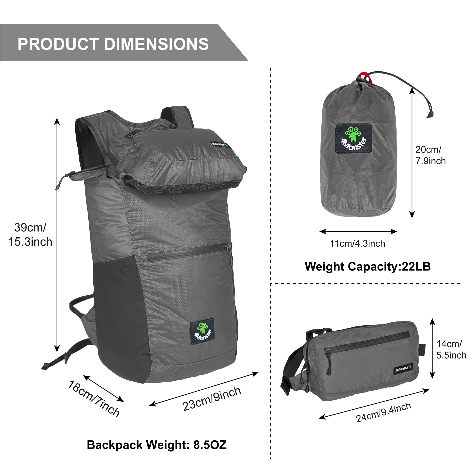 4Monster Zaino da escursionismo, 2 in 1, impermeabile, leggero, portatile, per viaggi, campeggio all'aperto