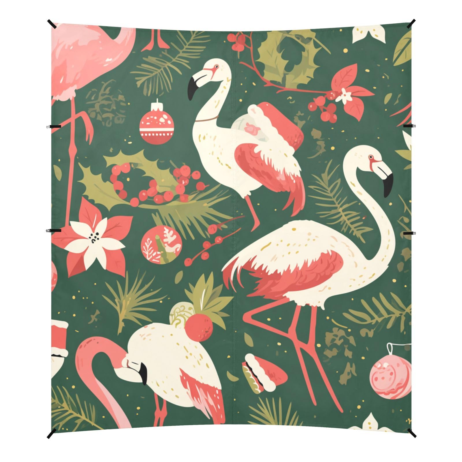 Christmas Pattern with Pink Flamingo Foldable Beach Tent UPF50+ Lightweight Sun Shade with Sandbags, Sand Shovel, Poles for Backyard, Grassland, Park