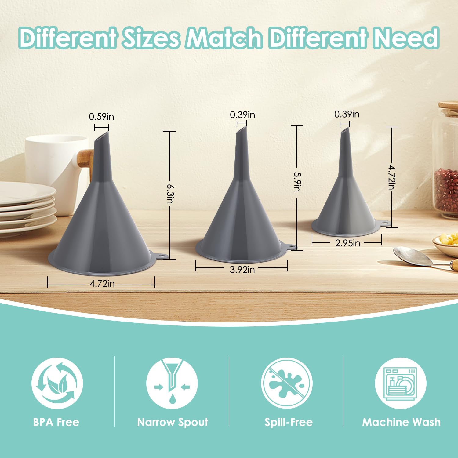 Babelshar Plastic Kitchen Funnel Set of 3, Durable Round Food Grade Cooking Funnels for Kitchen Use Filling Bottles, Multifunctional Small Medium and Large Sizes for Canning, Lab or Car Oil Use
