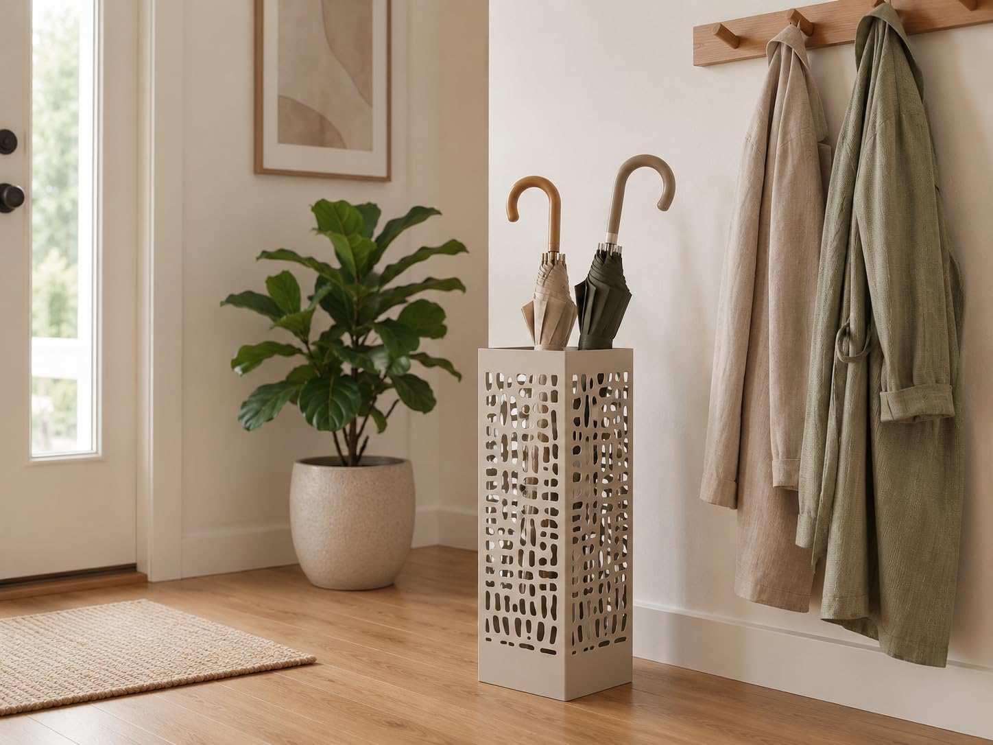 NORDIQ Paraguero Metálico Diseño Lineal Beige Elegante y Funcional para Entrada Oficina
