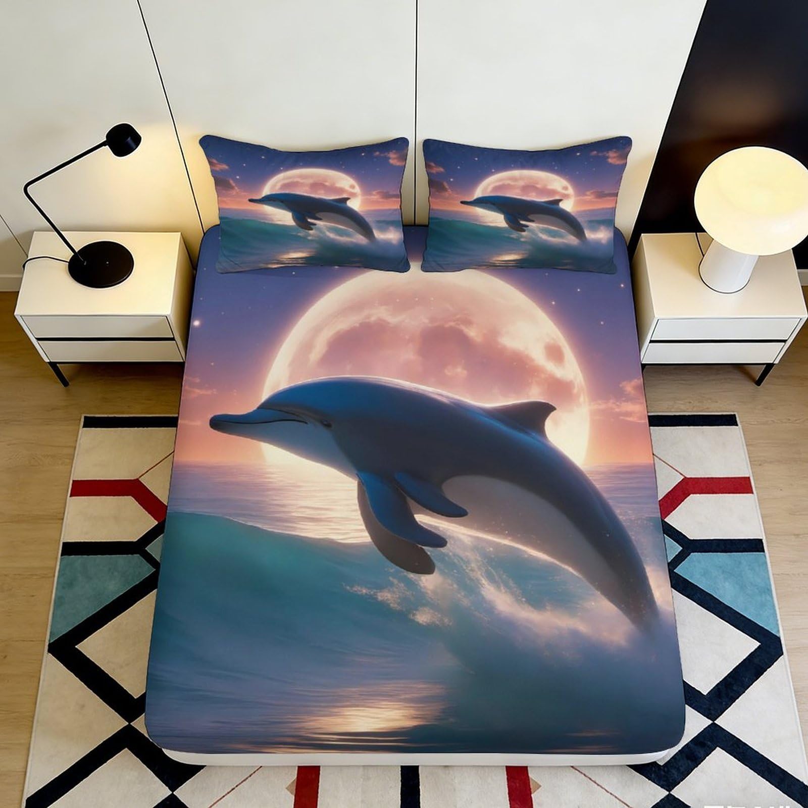 3D Printed Dolphin Moon Fitted Sheet Microfiber Soft Breathable Ocean Wave Bed Cover for Bedroom Dormitory Guest Room Mattress Protection Decor 120x200x25cm