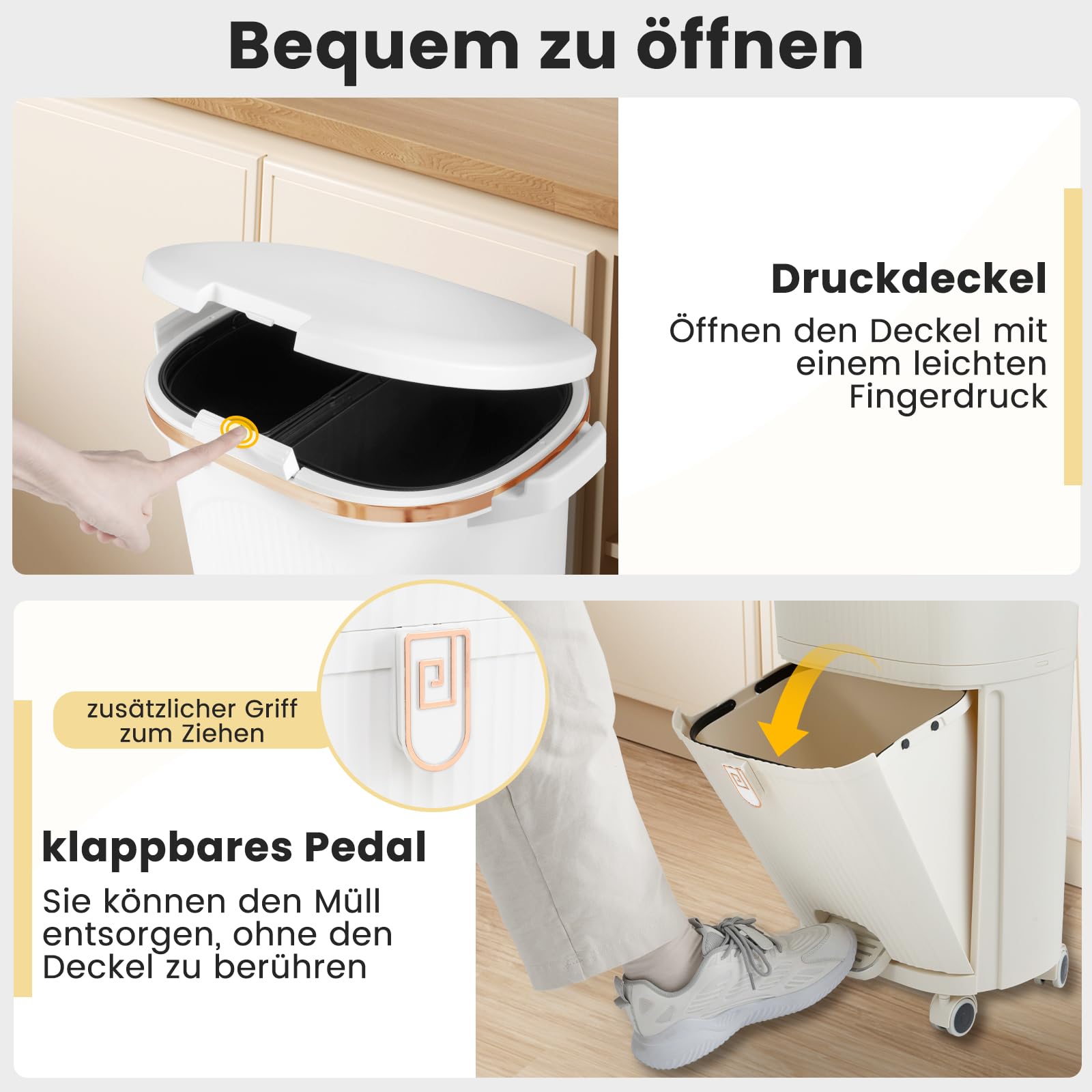 COSTWAY Mülleimer Küche, Mülltrennsystem 3 Fächer, 2 x 12L Inneneimer & 14L Treteimer, Abfalleimer mit Rollen, Deckel, Pedal & Haken, Tretmülleimer Abfallsammler für Küche (Weiß)