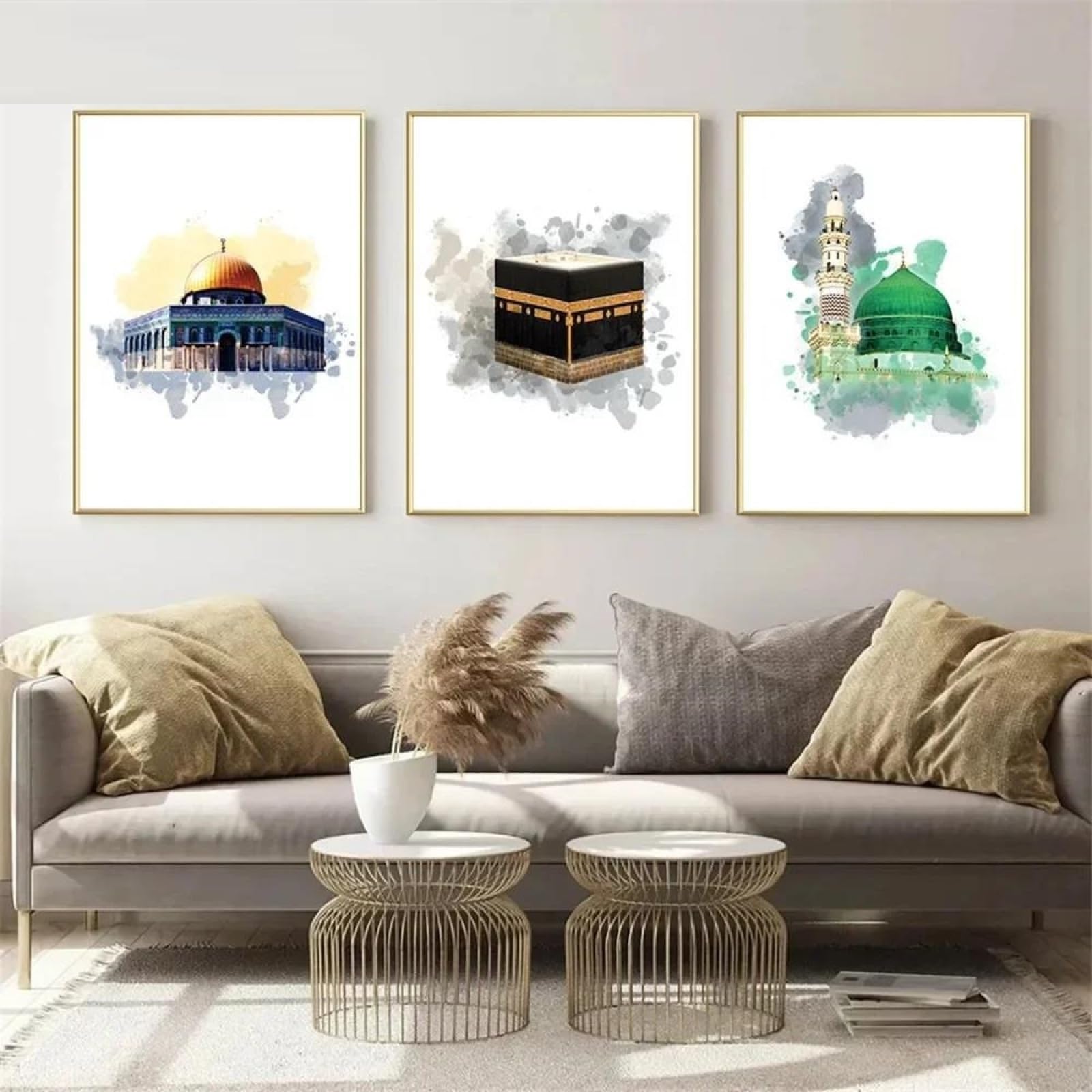 Baibexing Islamic Architecture Abstract Poster Mecca Dome Mosque Canvas Painting Wall Art Muslim Print Pictures Living Room Interior Decor 60X80Cmx3Pcs Unframed