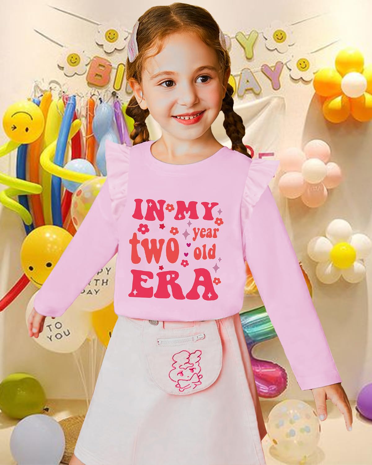 2nd Birthday Shirts for Toddler Girls in My Two Years Old Era Birthday Outfits Clothes Floral Ruffle Long Sleeve Tee Tops Pink 2T