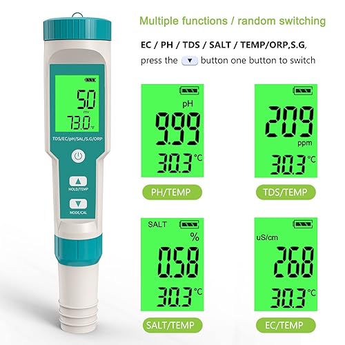 Miniatura 3 de Medidor de pH, 7 en 1 pH/TDS/EC/ORP/S.G/Medidor de salinidad/temperatura con medidor de pH ATC, medidor de agua de alta precisión de resolución