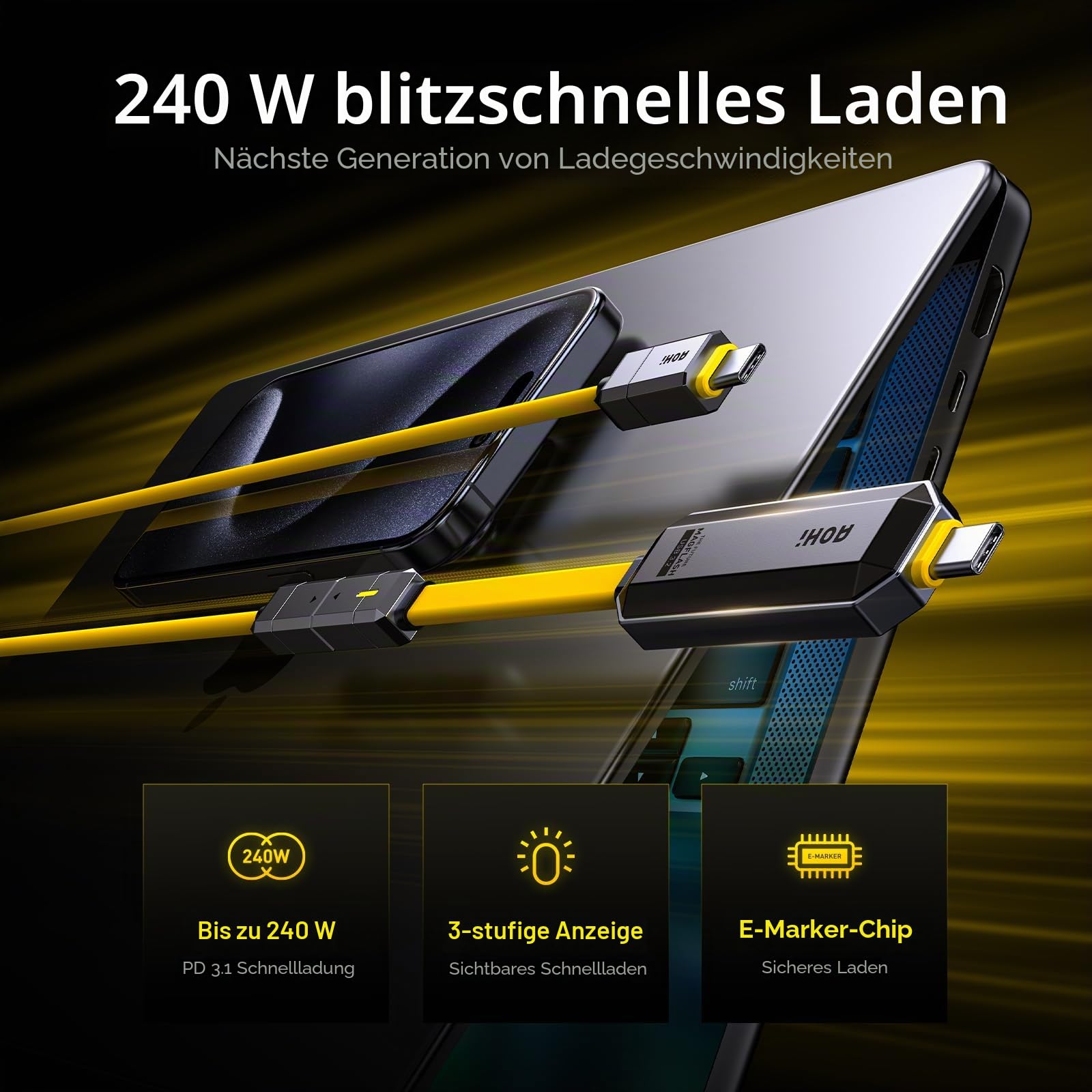 AOHI 240W PD3.1 Kabel, 3.3m USB C Schnellladekabel Ladekabel Kompatibel mit MacBook, SSD, Dock, Goldgelb