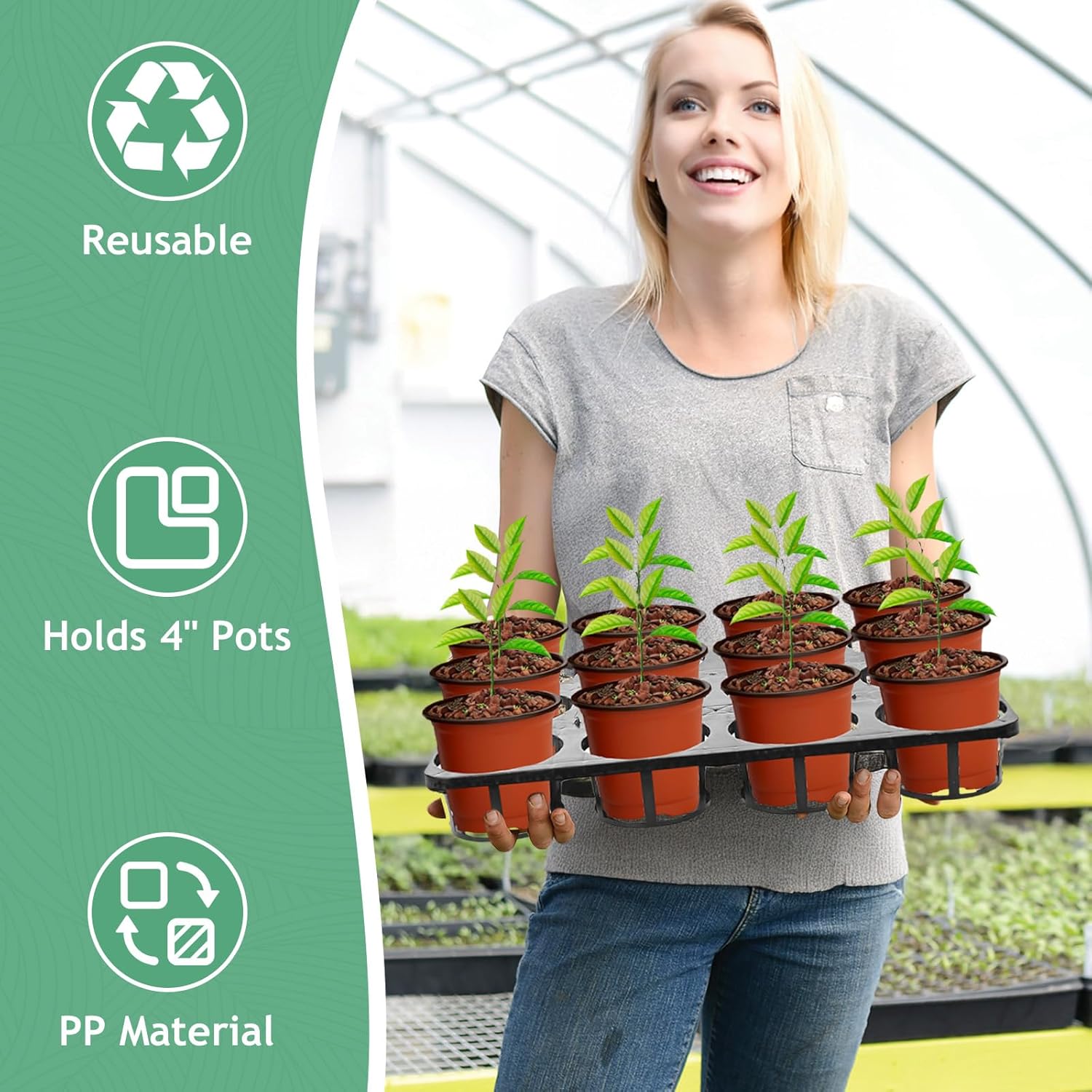 Sckee 10 Pack 12 Cell Nursery Planter Pots Trays, Plant Pot Shuttle Carry Holder and Trays for 4 inch Round Plastic Nursery Pots Flowerpot Carrier Transporting