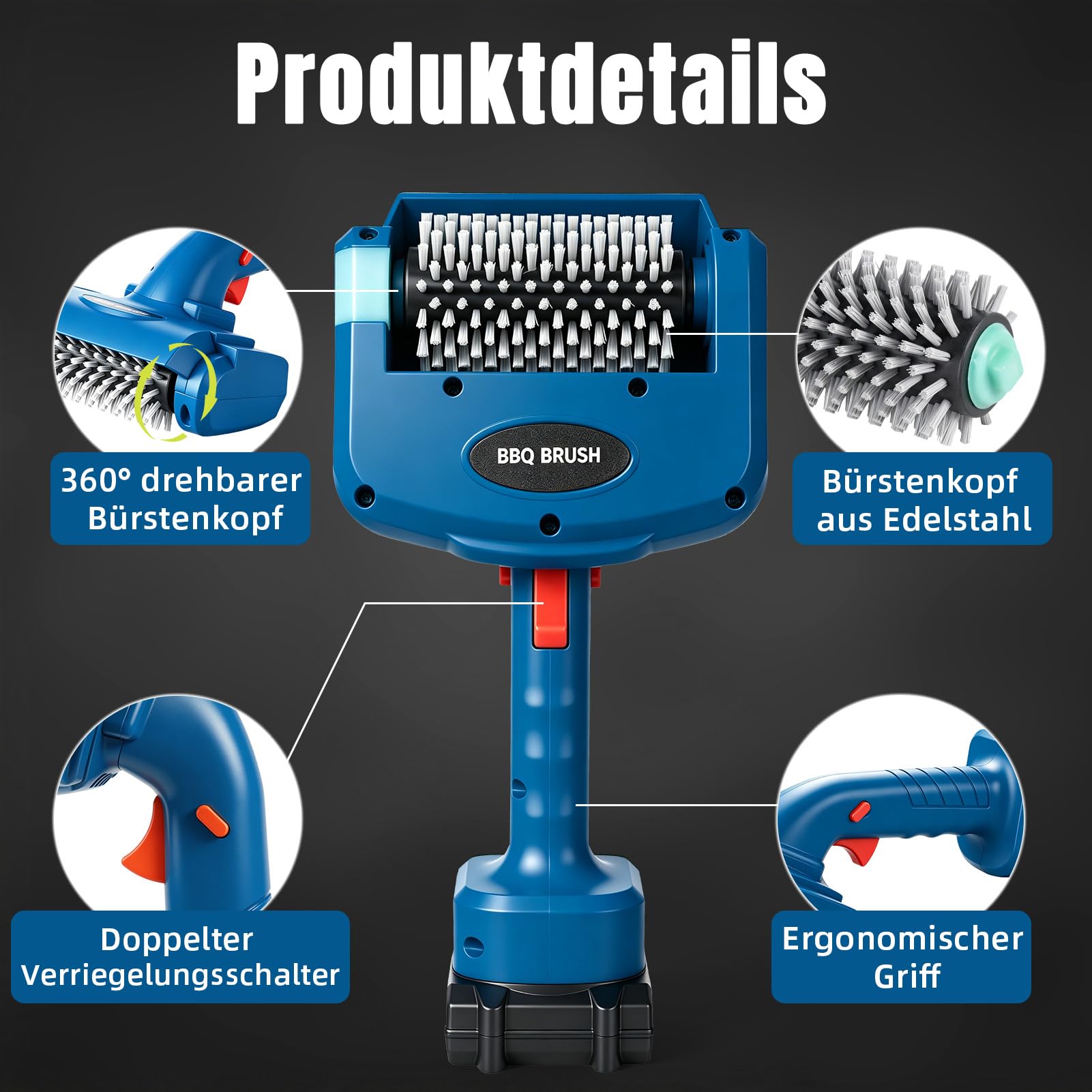 Elektrische Grillbürste, kabellose Grillreinigungsbürste mit 2 Bürstenköpfen, 2 Akkus, 1500 U/min,wiederaufladbare Edelstahlbürste für Grillroste,tragbare Grillbürste
