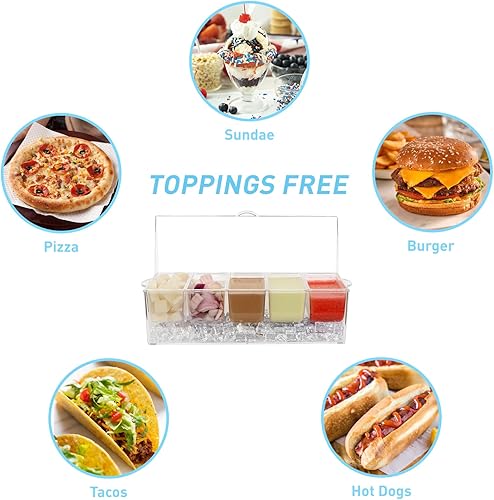 Miniatura 5 de Funyakit Bandeja extra grande para servir aperitivos en hielo con pinzas y tenedores de acero inoxidable, plato frío con tapa, 4 compartimentos para