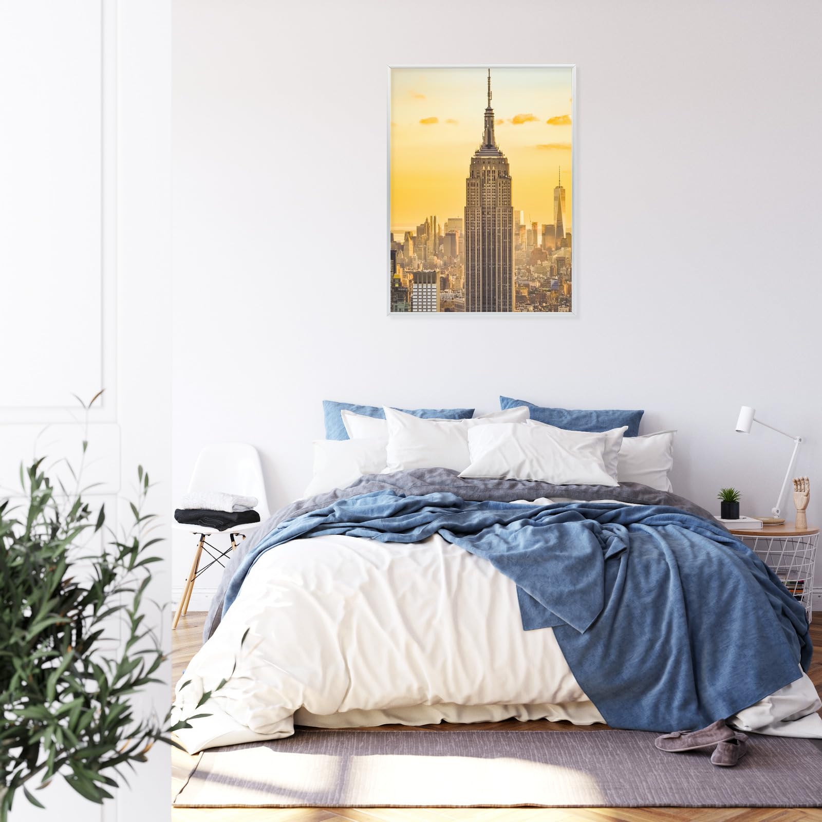 WALLERO Poster New York Top of the Rock al tramonto con Cornice in Alluminio Argentata – Decorazione Moderna da Parete e Stampa Artistica | Decorazione per Soggiorno, Camera da Letto 30x40