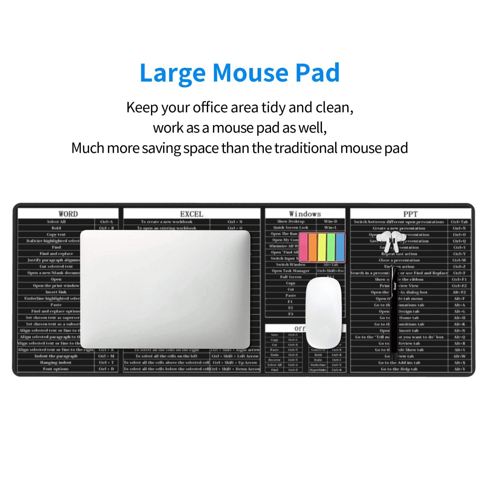 Alfombrilla de ratón para teclado y mouse para computadora, punto de poder, Excel, teclas de atajo, teclado para juegos, alfombrilla de escritorio, enorme, XL, borde cosido, suela de goma para oficina
