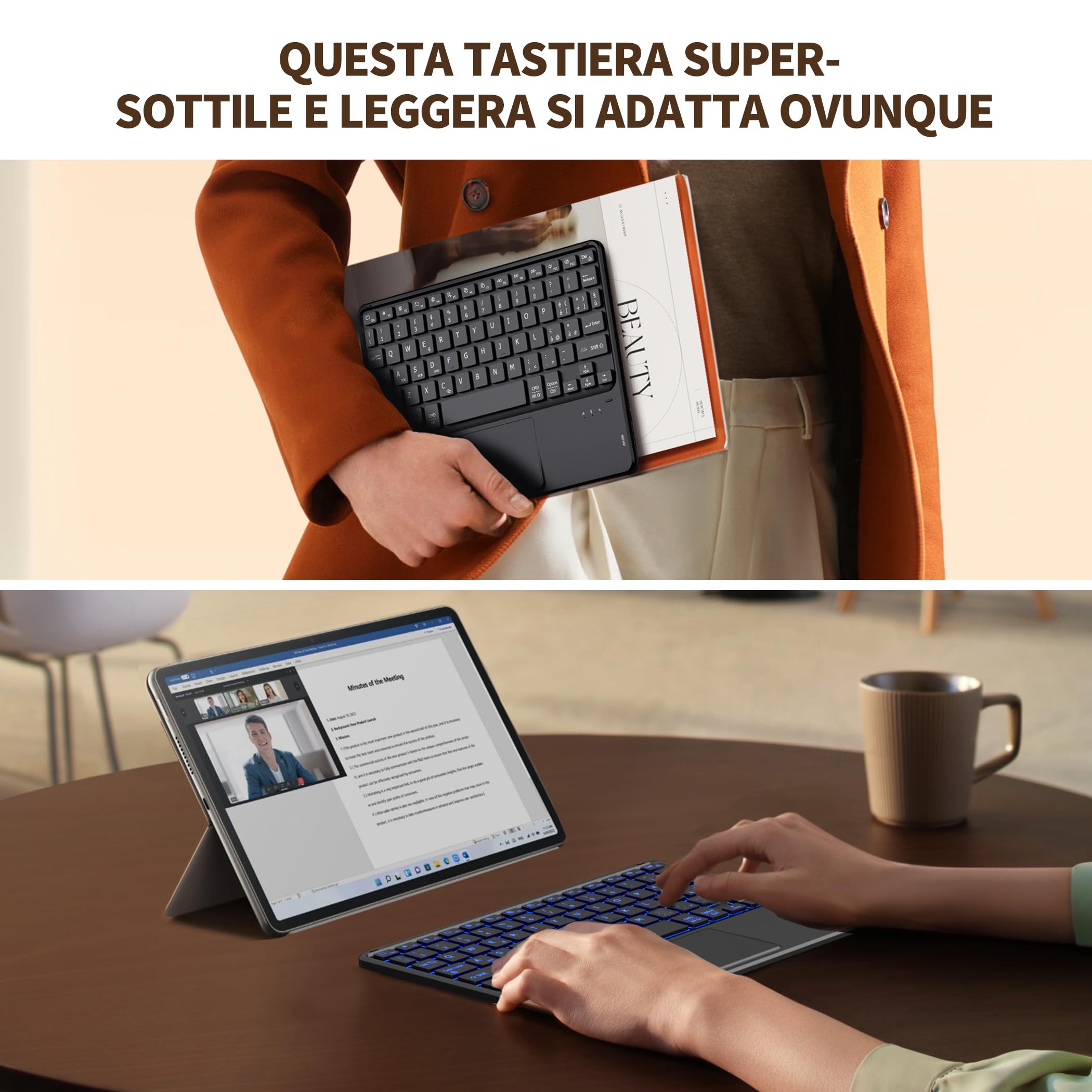 CACOE Tastiera Bluetooth Senza Fili Ultra Sottile con Multi Touch Integrato Touch Pad con Android IOS e Windows, 7 Colori Retroilluminate, Tastiera Senza Fili, Layout Italiano, Nera