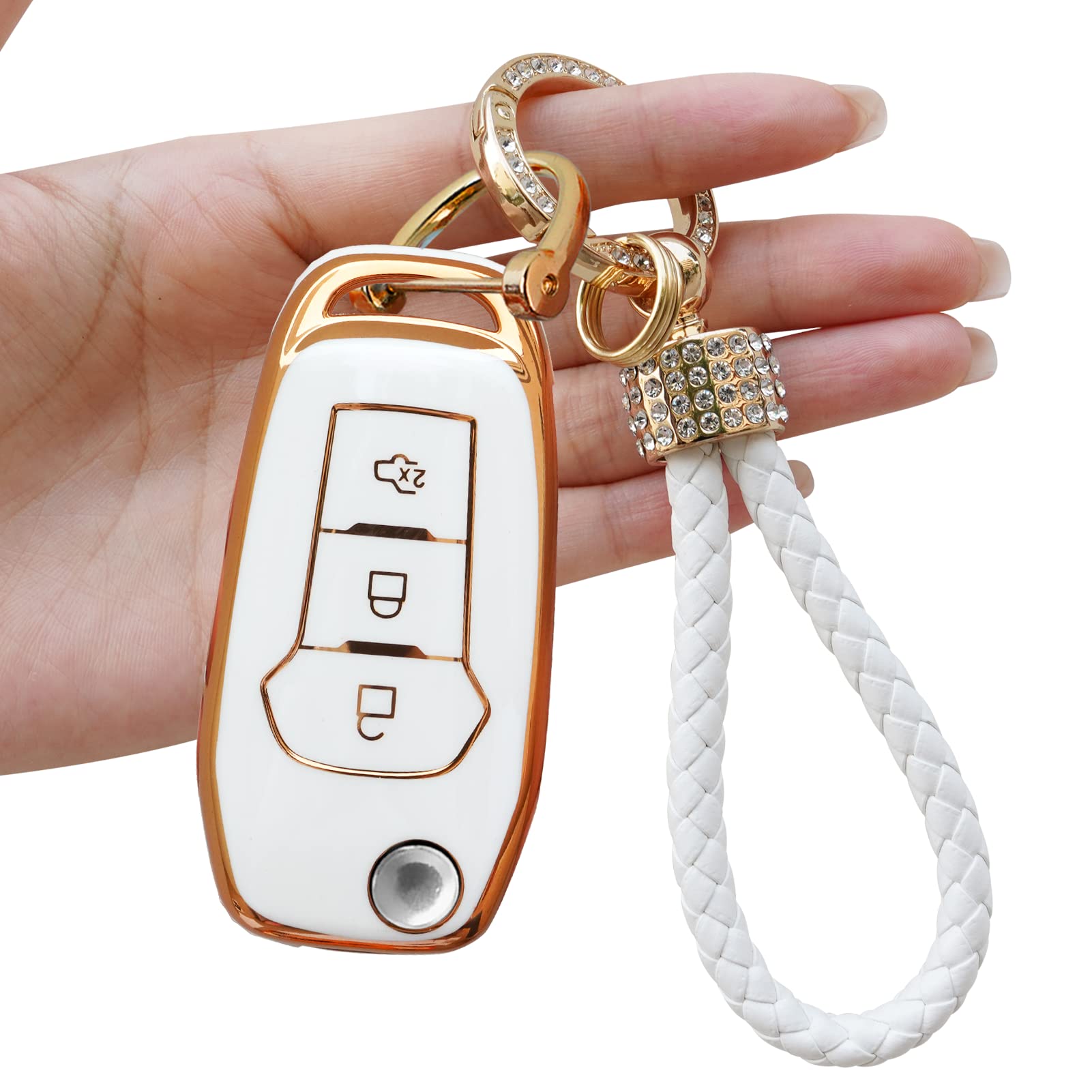 Ttcr-Ii White Yumzeco Car Key Cover,3 Buttons Remote Key Fob Cover Compatible With Ford F150 F250 Escort Kuga Ranger Mondeo,Tpu Silicone Keycase, Entry Keyshell With Keychain,Keyless Keyprotector