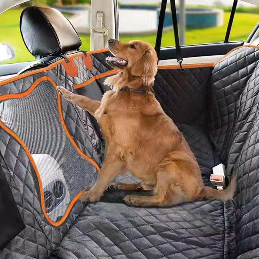 Funda Coche Perro para Asiento Trasero y Maletero,Cubierta Asiento Coche Perro con Ventana de Malla, Bolsillos y Protección Lateral,Impermeable Antideslizante Protector Asiente Coche Hamaca Perro A