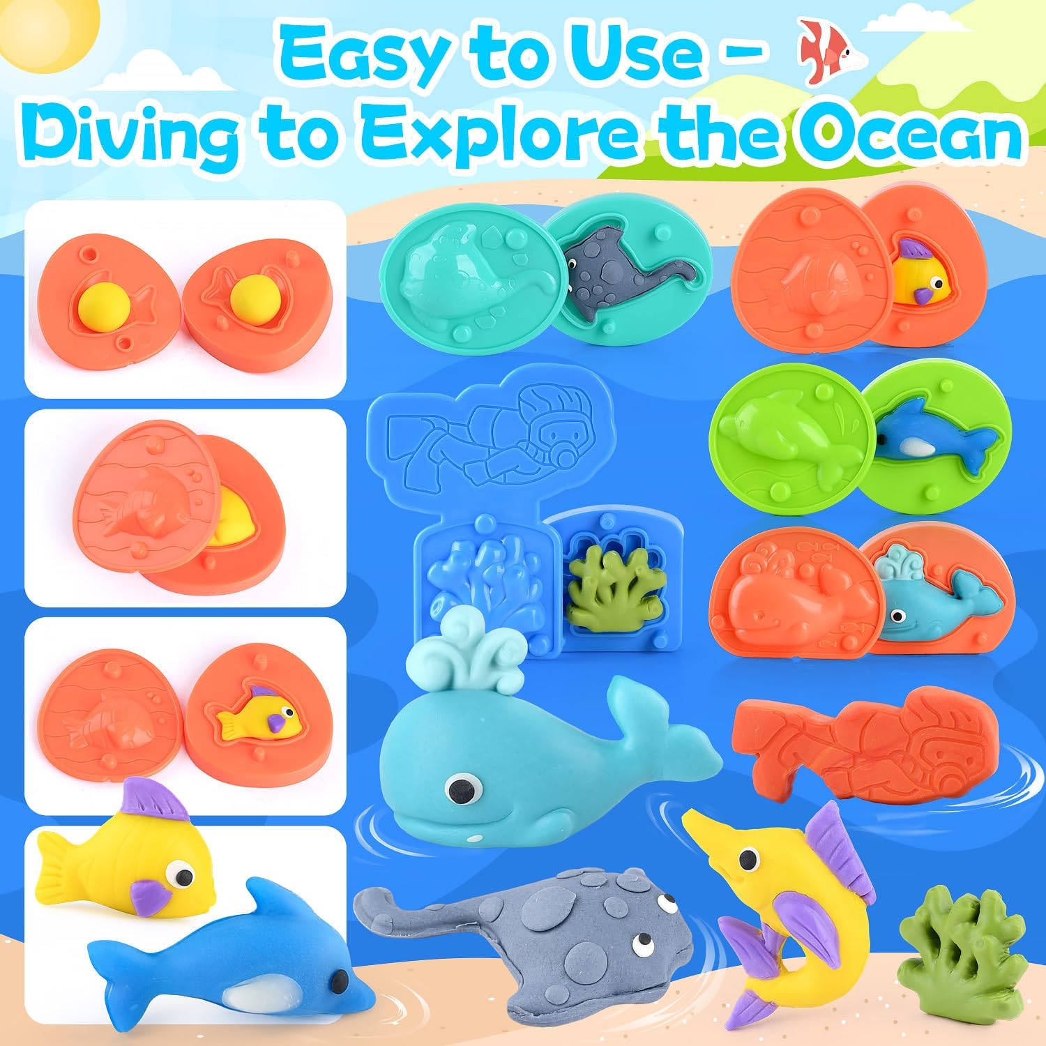 PLAY Ocean Color Dough Kit with Sea Animals Molds, Under the Sea Toys Set for Sensory Play - Boat Whale Shark Crab Fish Cutters, Educational Arts and Crafts Gift for Kids 3 4 5 6 Year Old Boys & Girls