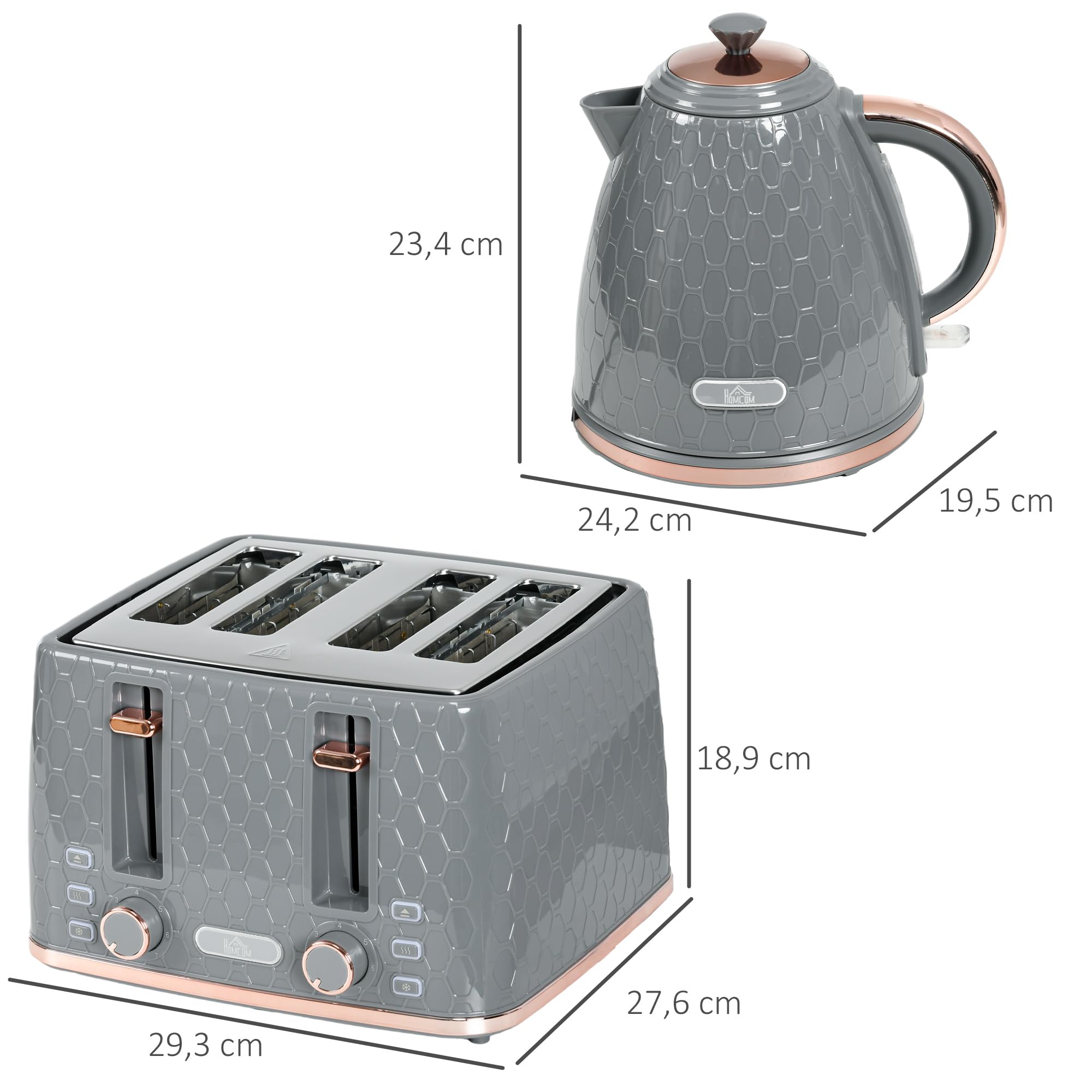HOMCOM Bouilloire Grille-pain Set 1,7L Bouilloire 4 tranches de pain grillé Set petit-déjeuner avec 7 niveaux de brunissage, arrêt automatique, fonction décongélation & réchauffage et compartiment à
