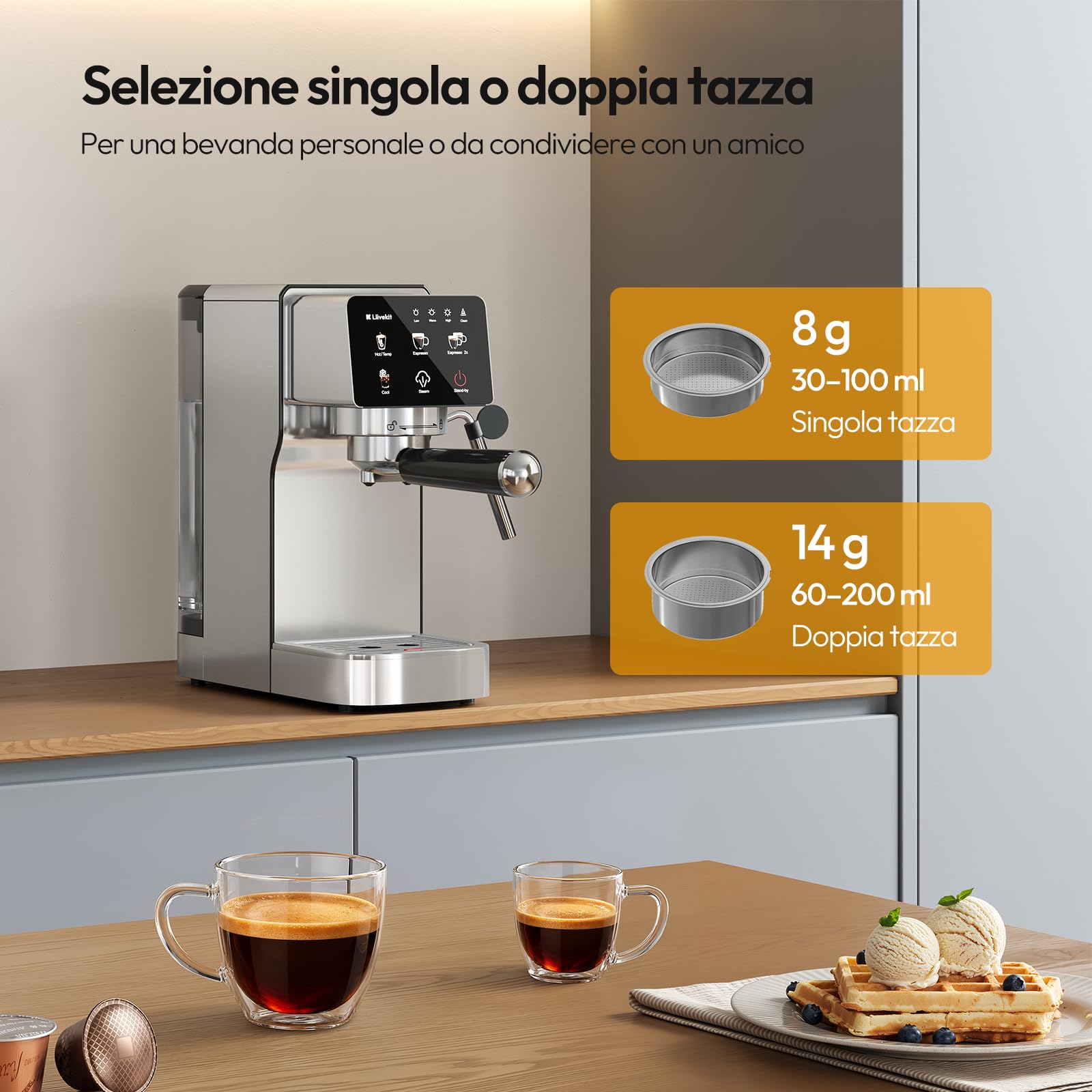 LLIVEKIT Macchina per Caffè Espresso 20 Bar con Montalatte, Compatibile con Capsule e Caffè Macinato, 1350 W, Serbatoio 1,2 L, Funzione Decalcificazione, Spegnimento Automatico, Acciaio Inossidabile