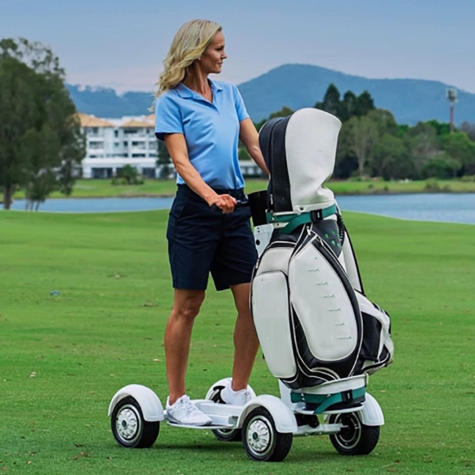 Poussette Golf Électrique avec Pédale,Scooter Golf Plié À 4 Roues avec Poignée,Support Marche Avant/arrière, Stationnement en Pente Facile, Portée Jusqu'à 30km,Charge 200kg, pour Terrain