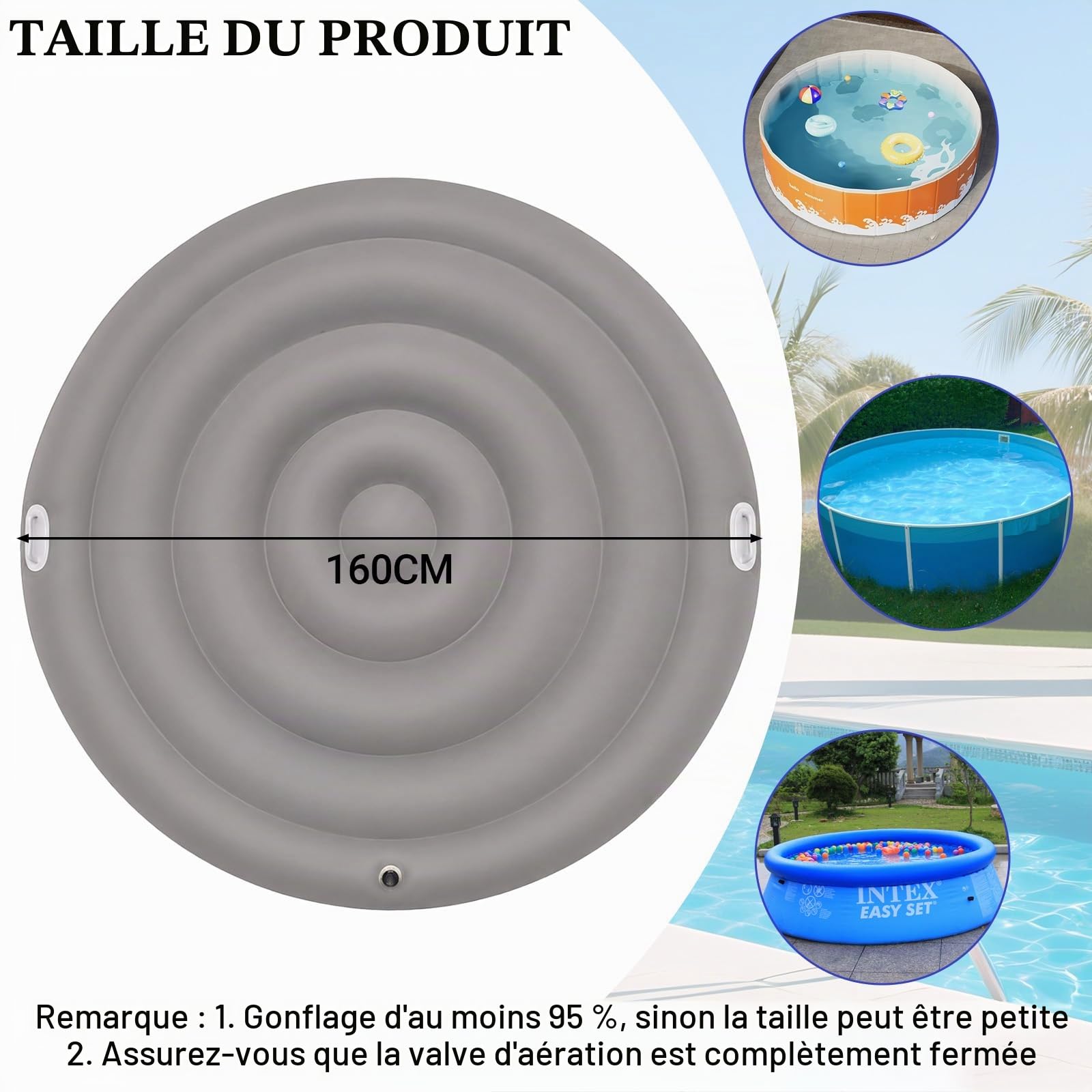 Couverture Gonflable Spa avec Poignées (Gris, 165CM, Ronde)