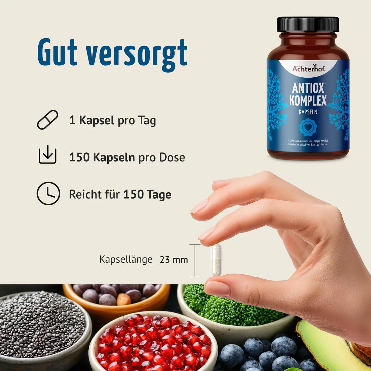 Antiox Komplex Kapseln 125 Stück | mit 23 antioxidativen Pflanzen und Essenzen | mit Selen, Zink, Vitamin C und E | für 150 Tage | Achterhof