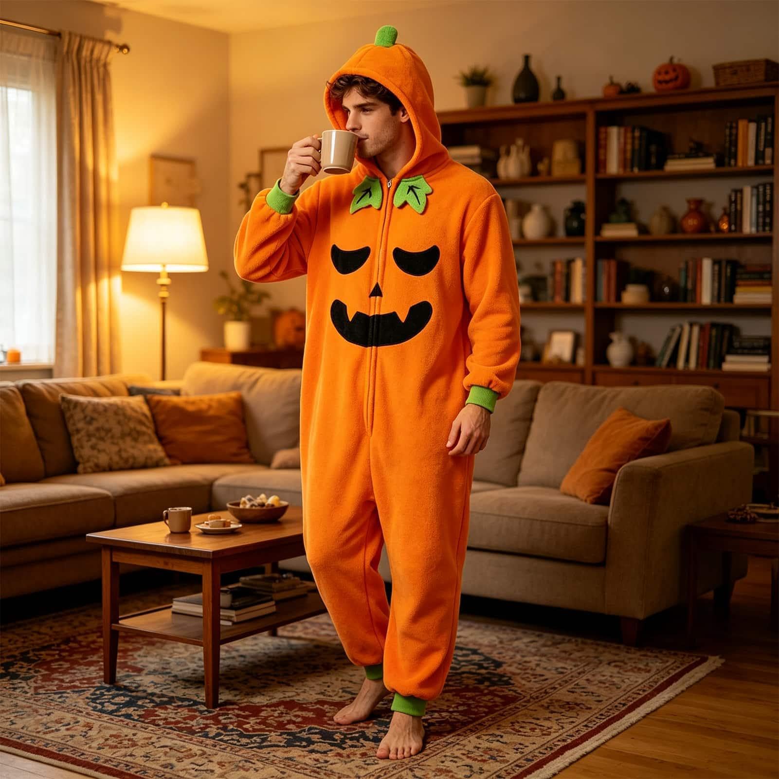 Costume da zucca con cappuccio flanella divertente confortevole costume cosplay | Tuta intera oversize autunnale per donne, bambini, ragazze, ragazzi, Natale, palcoscenico, casa, feste all'aperto