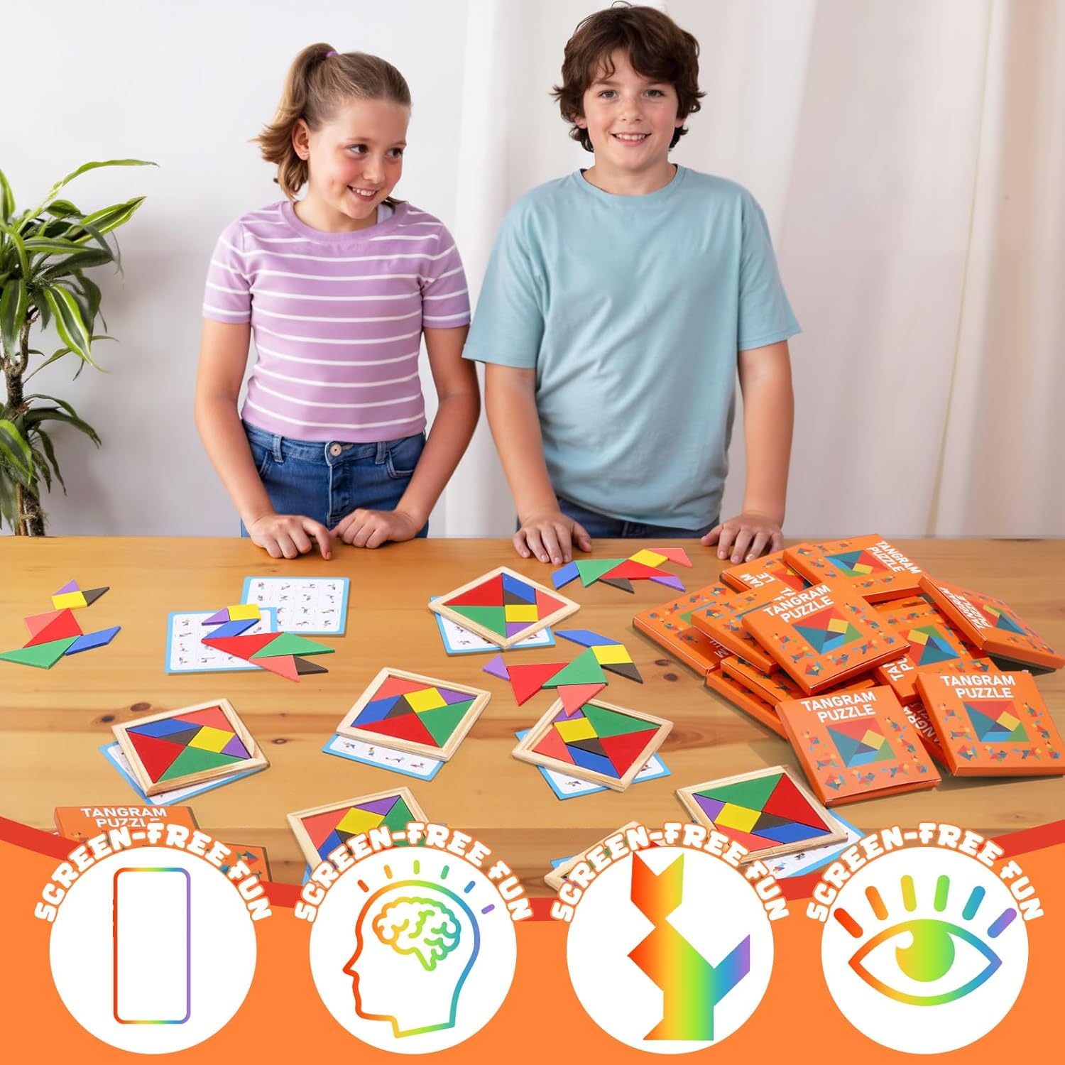 50 Pack Tangram Puzzle Wooden Pack Bulk Kid Party Favors Stem Jigsaw Game Educational Shape Puzzle Toy Goodie Boxes Stuffers for Kids 4-8 Classroom Prize Reward Birthday (Vibrant Bright)