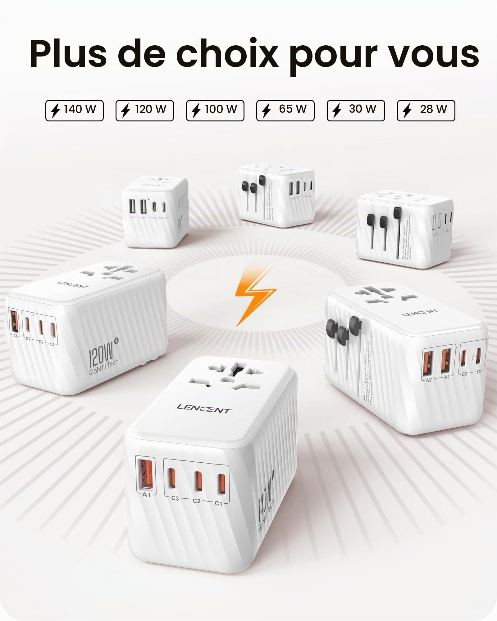 LENCENT 100W GaN3 Adaptateur Prise électrique 2 PD3,0 USB C+2 QC USB A