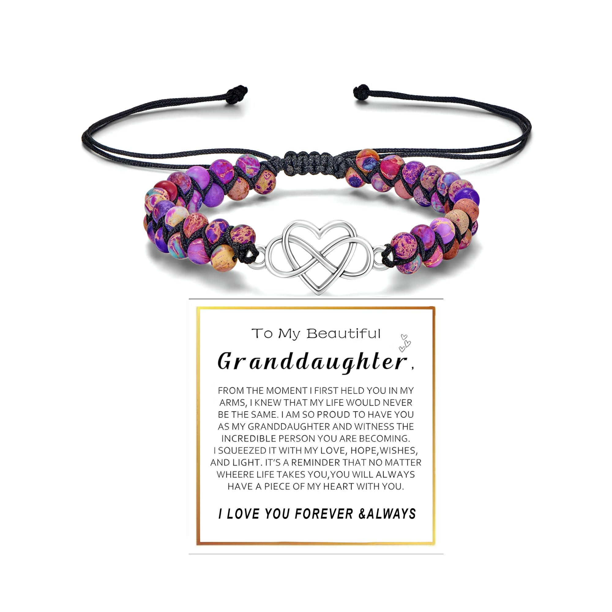 To My Granddaughter-Infinity Forever Love Heart Bracelet, Natural Emperor Stone Double Layer Purple Beaded Woven Wrap Bracelets Adjustable Mind Peace Gift Jewelry