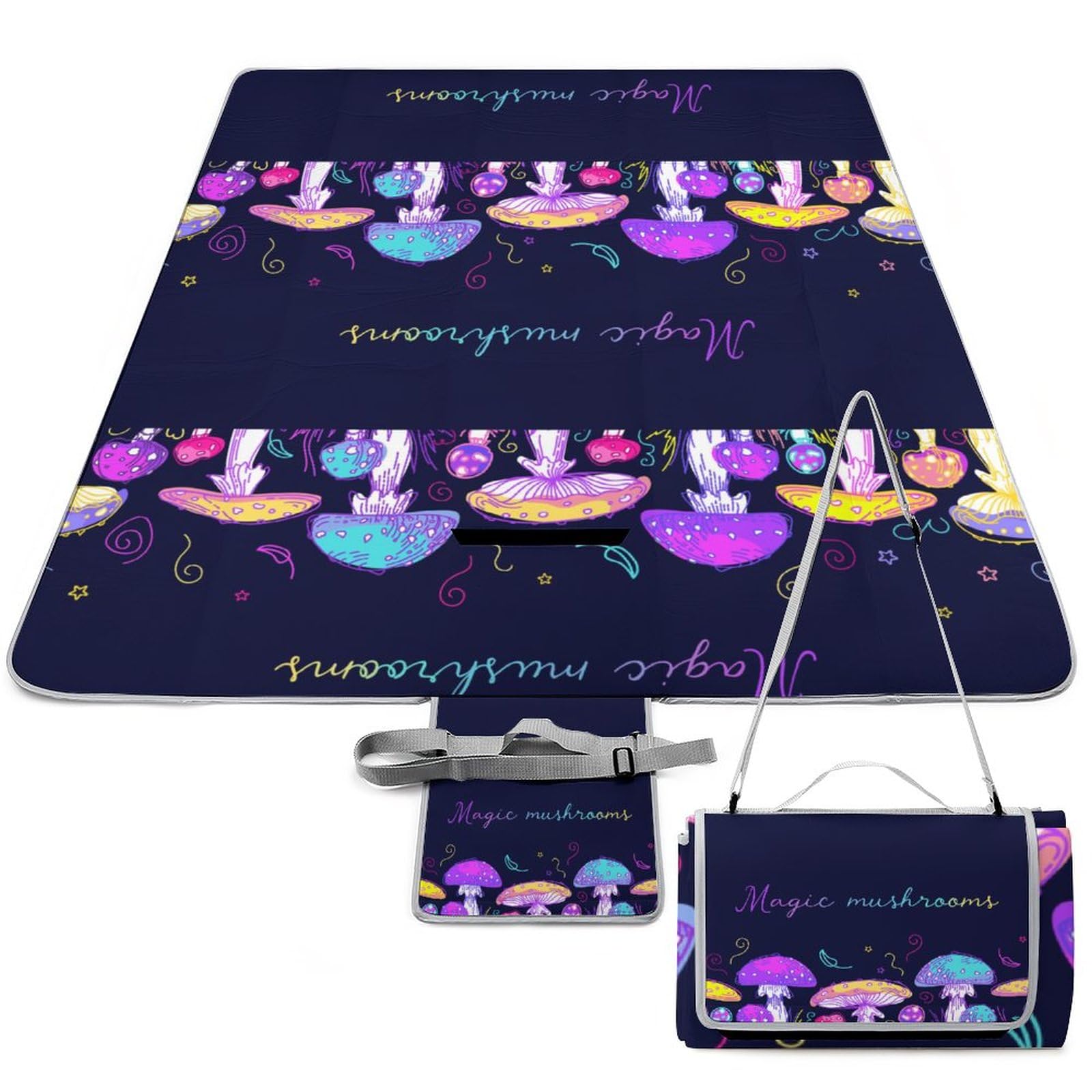 Psychedelic-Mushrooms Texture Picnic Blanket Waterproof Foldable, Large Outdoor Picnic Blanket Beach Blankets Camping Blanket Travel Mat, Shoulder Strap Tote, Rectangle 58x58in