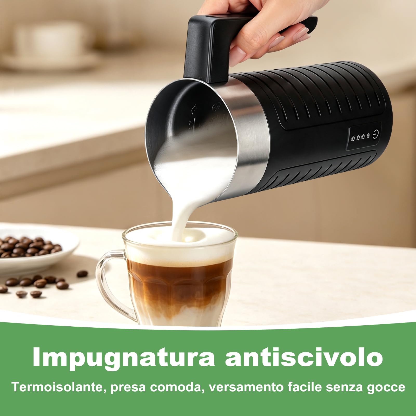 Montalatte, montalatte elettrico automatico con funzione One-Touch per caffè, latte macchiato, cappuccino, macchiato