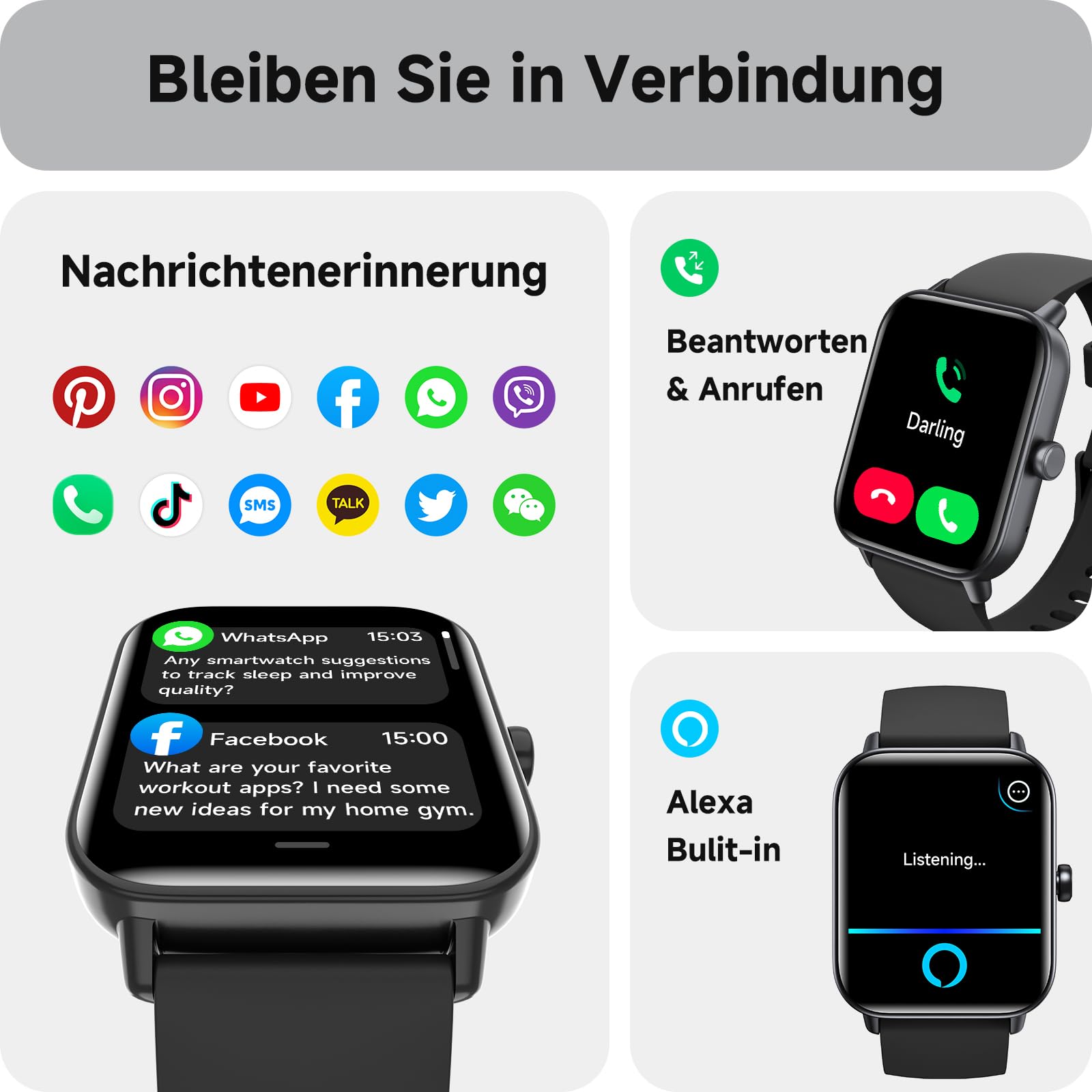 Smartwatch Herren Damen mit Telefonfunktion,1.8" Smart Watch Fitnessuhr mit Whatsapp und Alexa,Herzfrequenz Schlafmonitor,120+ Sportmodi Fitness Tracker,IP68 Wasserdicht Uhren für Samsung/Android/iOS