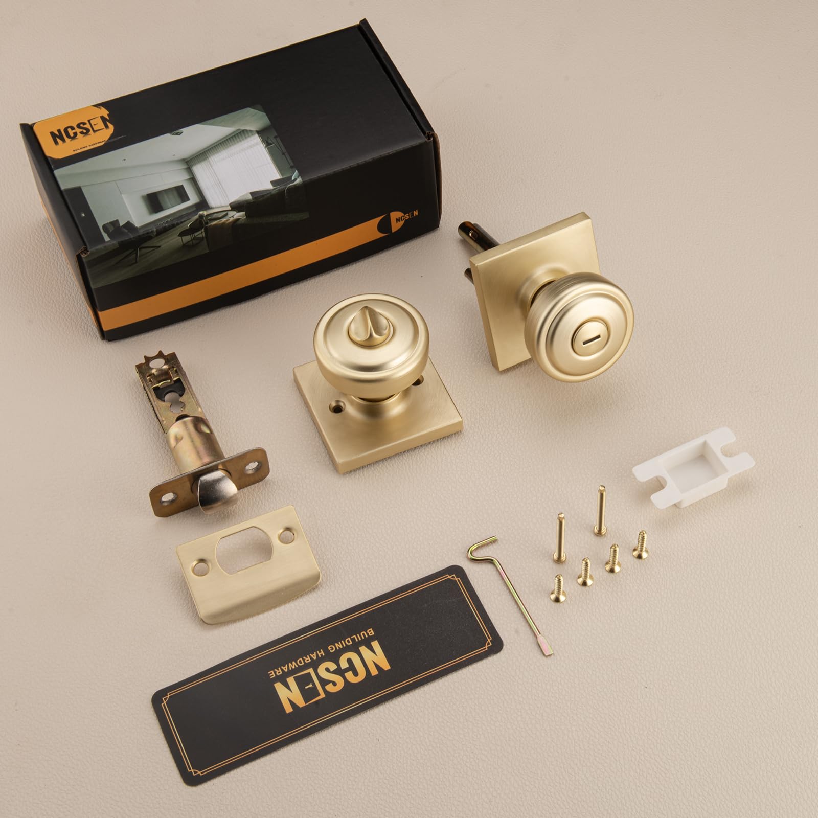 Ncsen Brushed Gold Door Knobs With Lock And Keys For Exterior Door, Pismo Knob & Aluminum Square Rosette For Interior Bedroom & Living Room